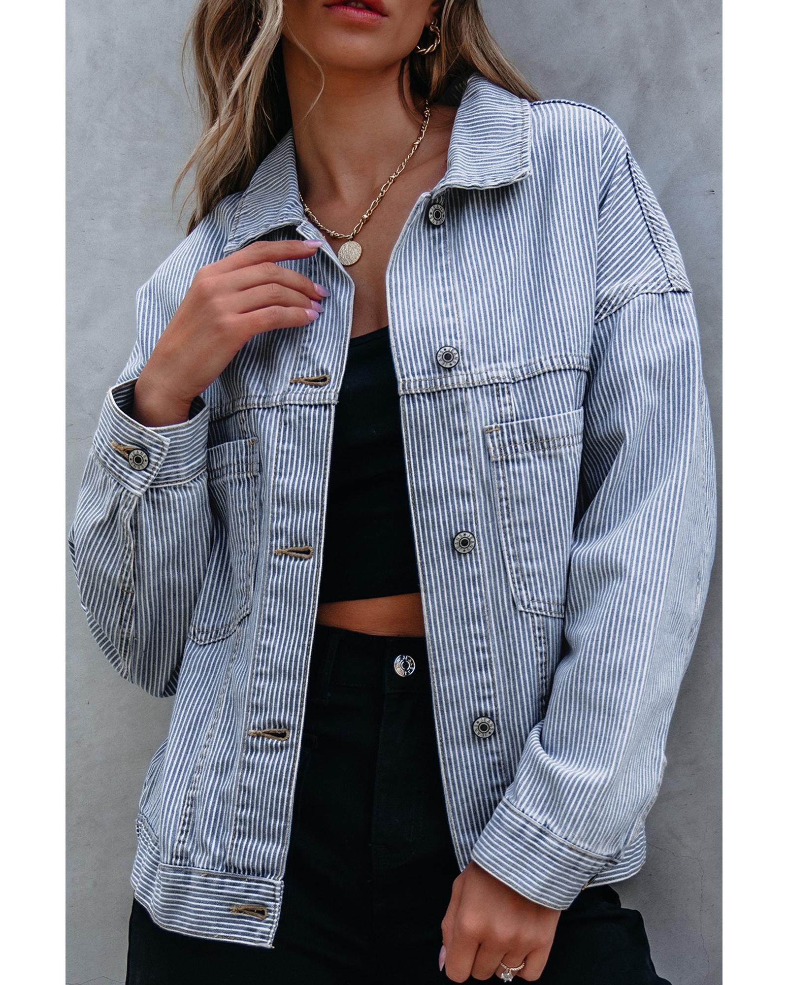 Sky Blue Stripe Washed Oversize Pocketed Denim Jacket - S 5