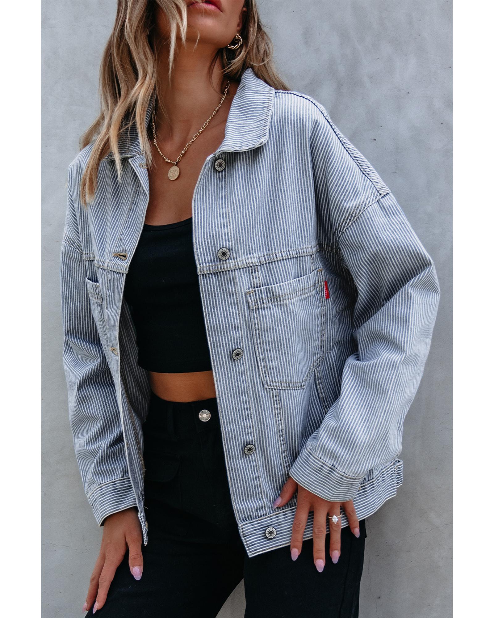 Sky Blue Stripe Washed Oversize Pocketed Denim Jacket - XL 4