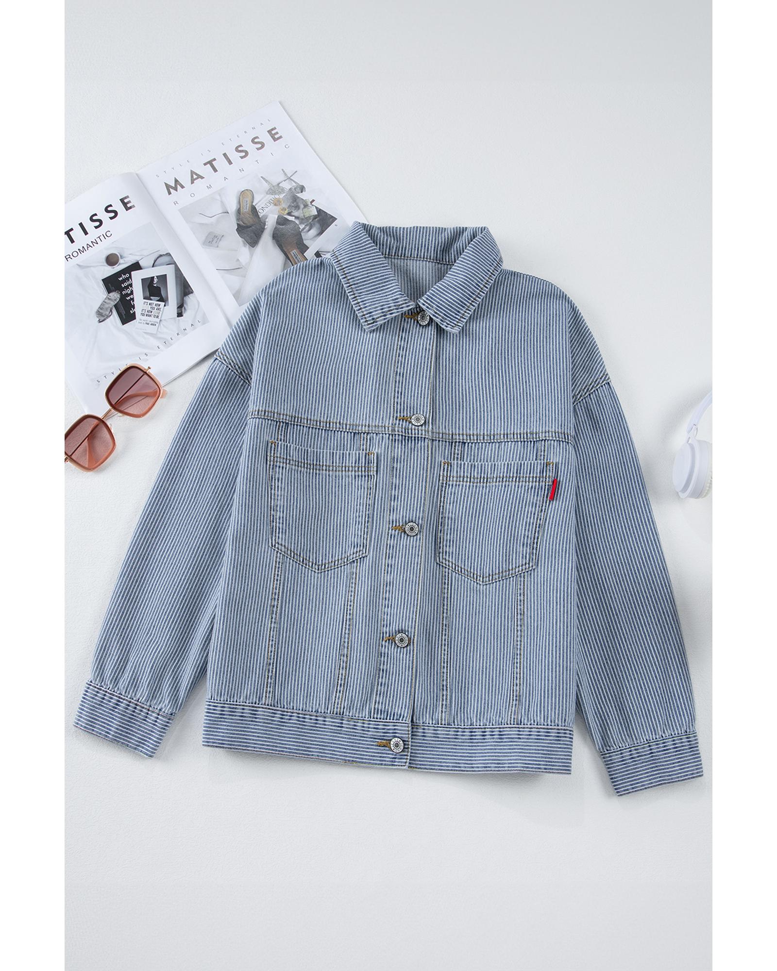 Sky Blue Stripe Washed Oversize Pocketed Denim Jacket - XL 7