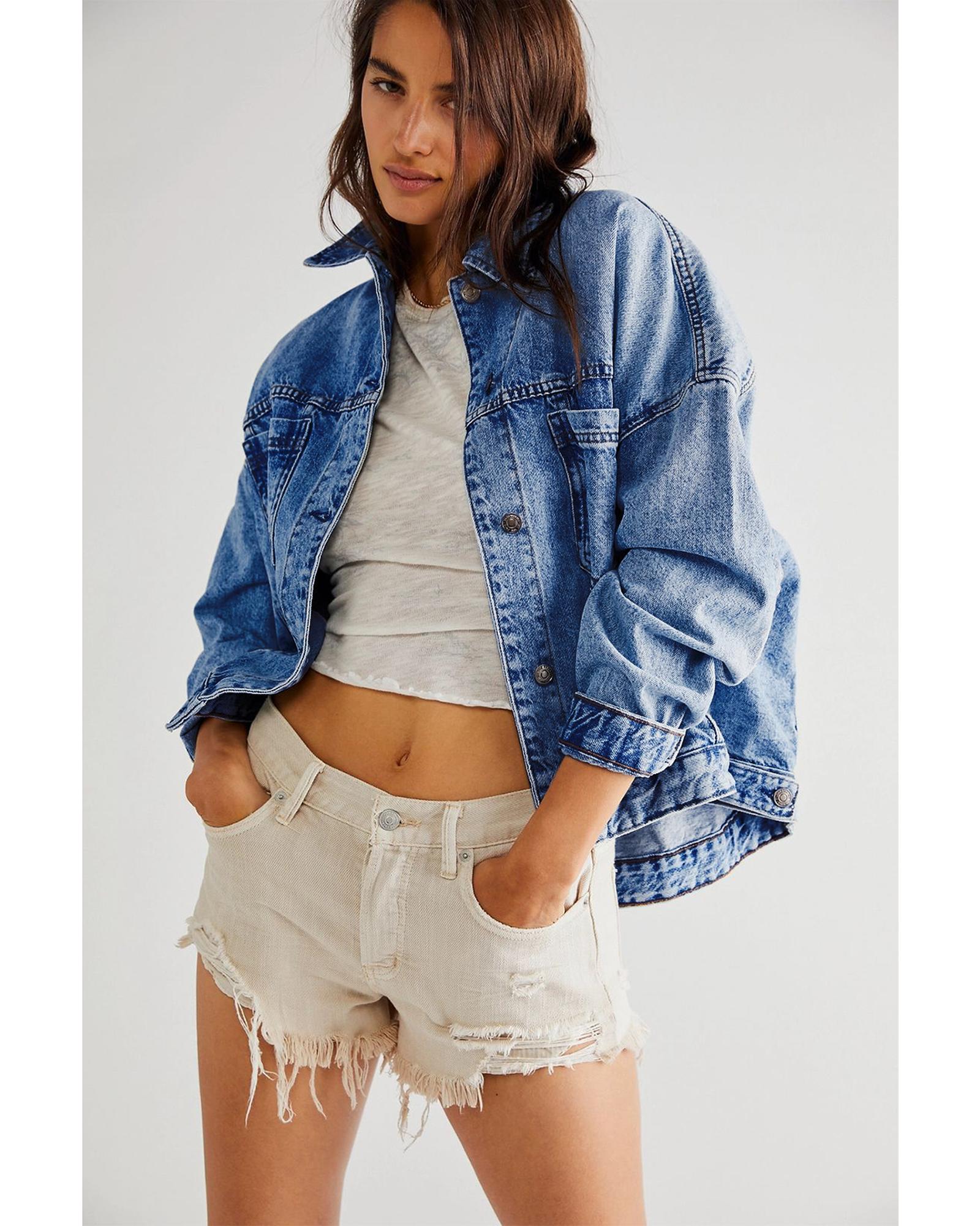 Dark Blue Washed Oversize Pocketed Denim Jacket - L