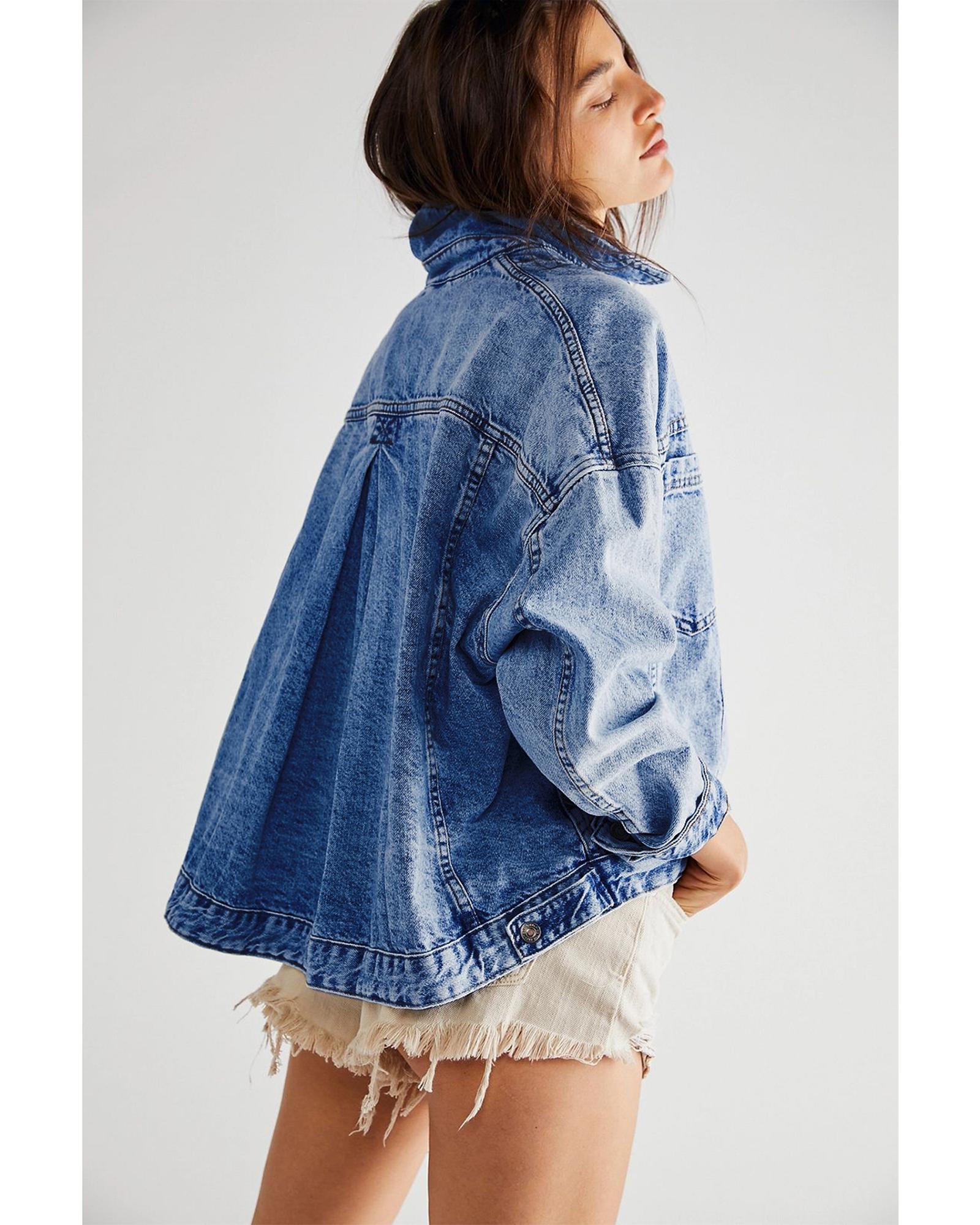 Dark Blue Washed Oversize Pocketed Denim Jacket - L