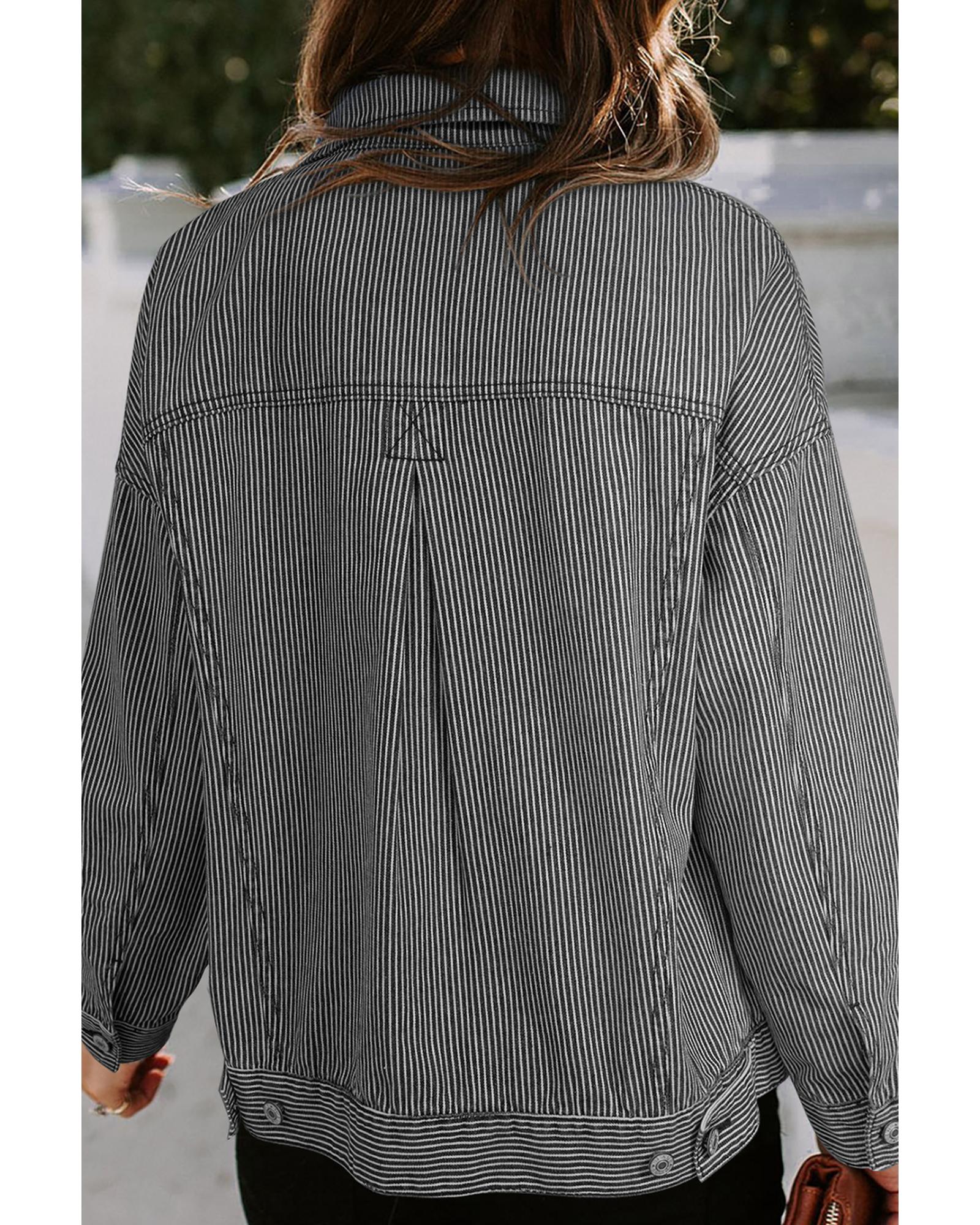 Blue Stripe Washed Oversize Pocketed Denim Jacket - L 3