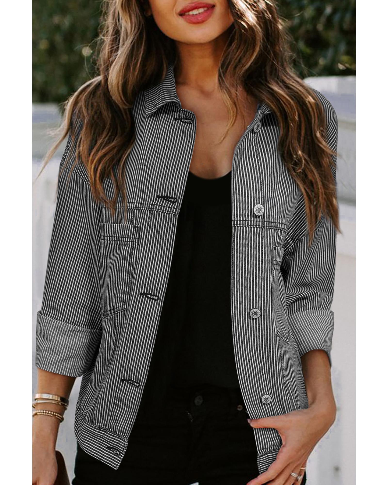 Blue Stripe Washed Oversize Pocketed Denim Jacket - S 7