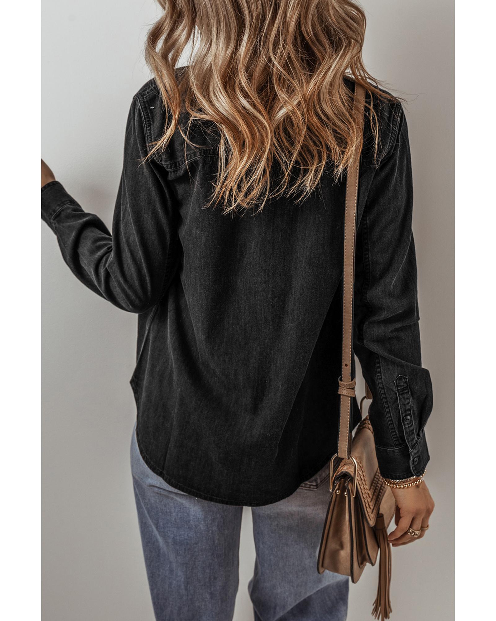 Black Flap Pocket Buttons Collared Jean Jacket - L