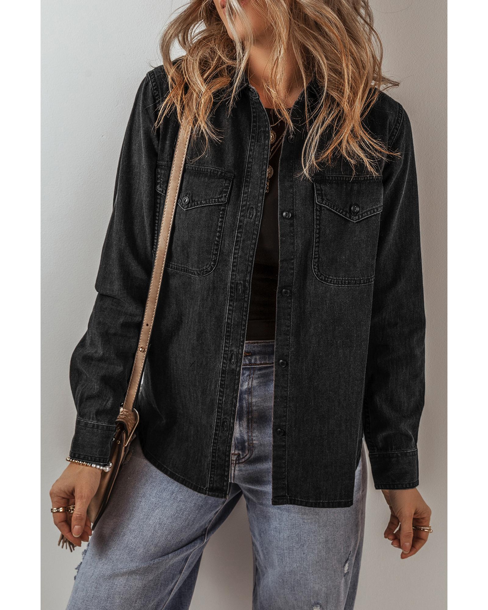 Black Flap Pocket Buttons Collared Jean Jacket - M