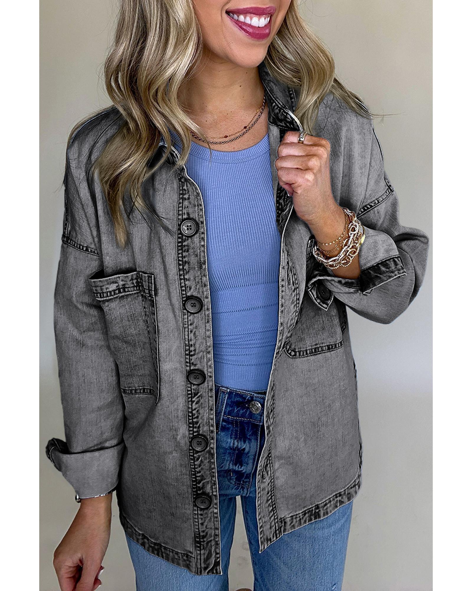 Medium Grey Mineral Wash Patched Pocket Split Denim Jacket - M