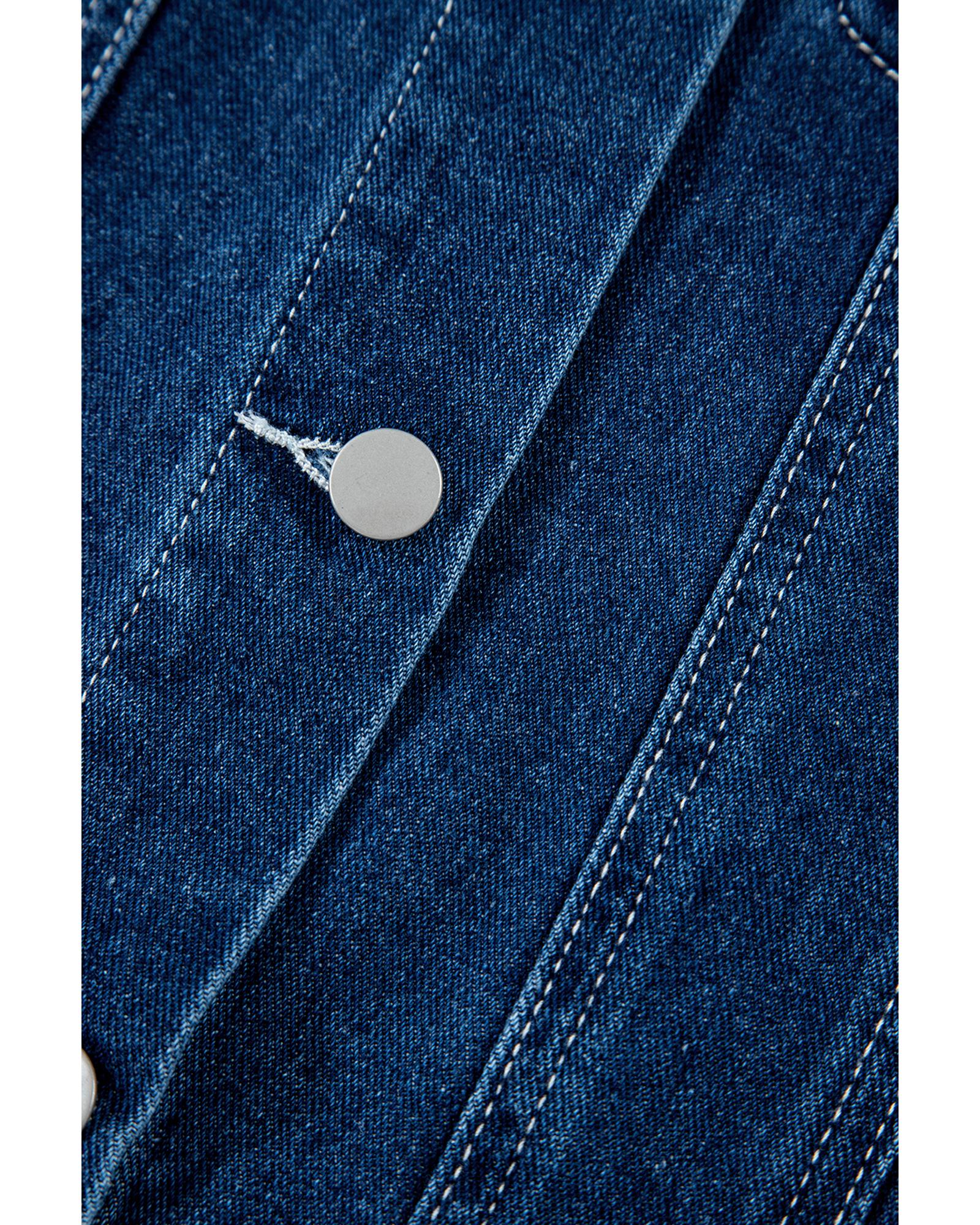 Navy Blue Ruffle Raw Hem Flap Pockets Denim Jacket - M 3