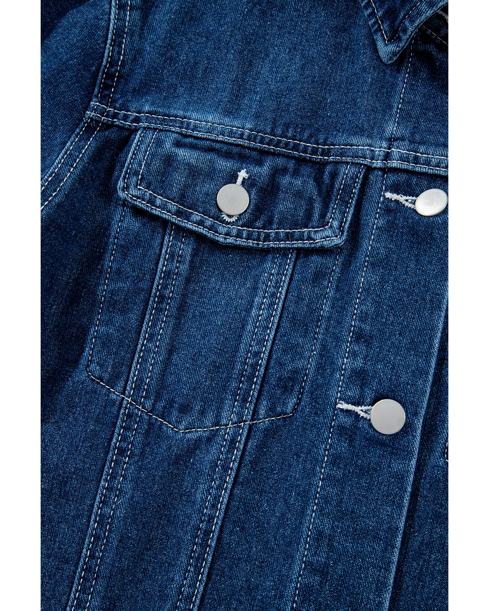 Navy Blue Ruffle Raw Hem Flap Pockets Denim Jacket - M 5