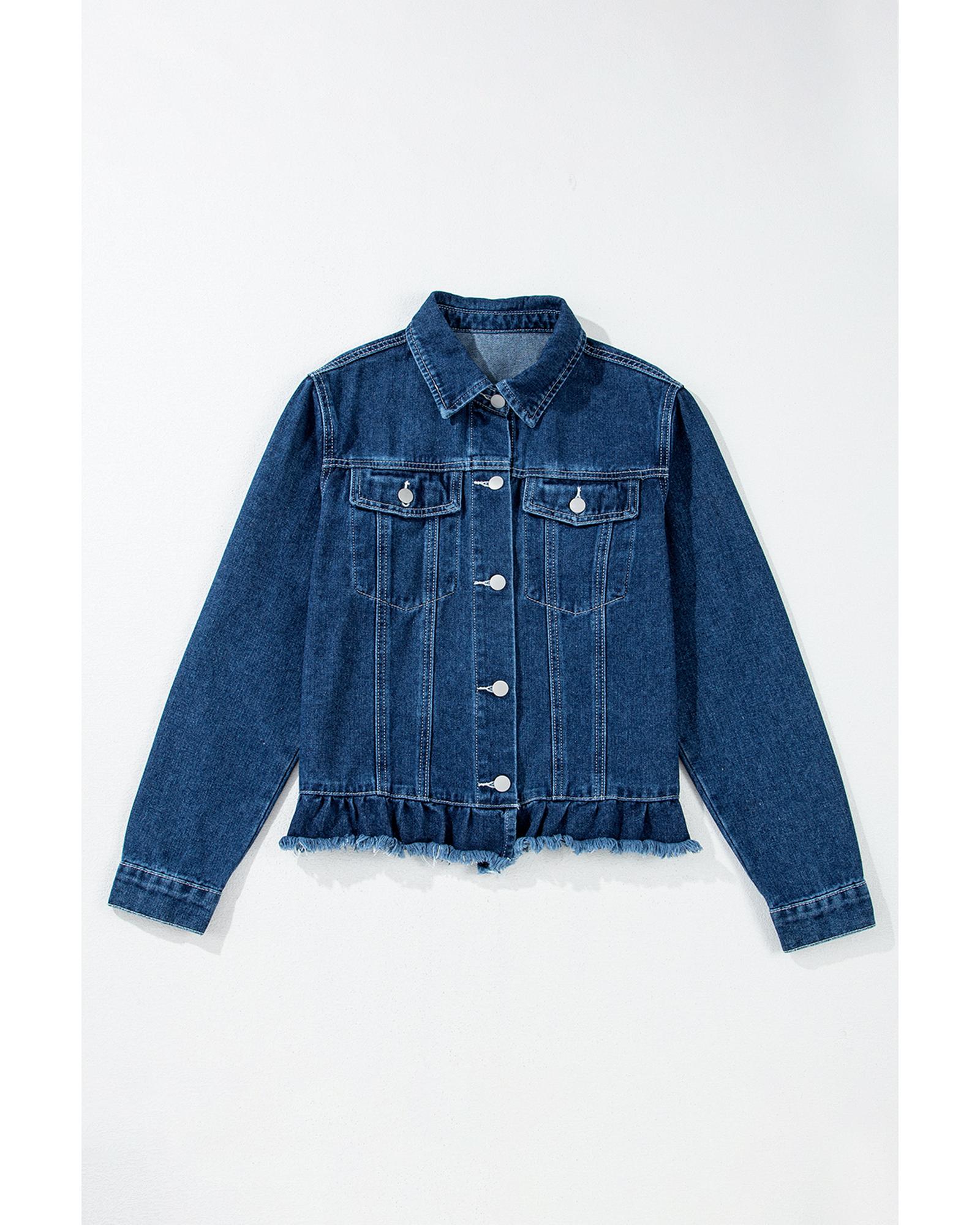 Navy Blue Ruffle Raw Hem Flap Pockets Denim Jacket - M 8