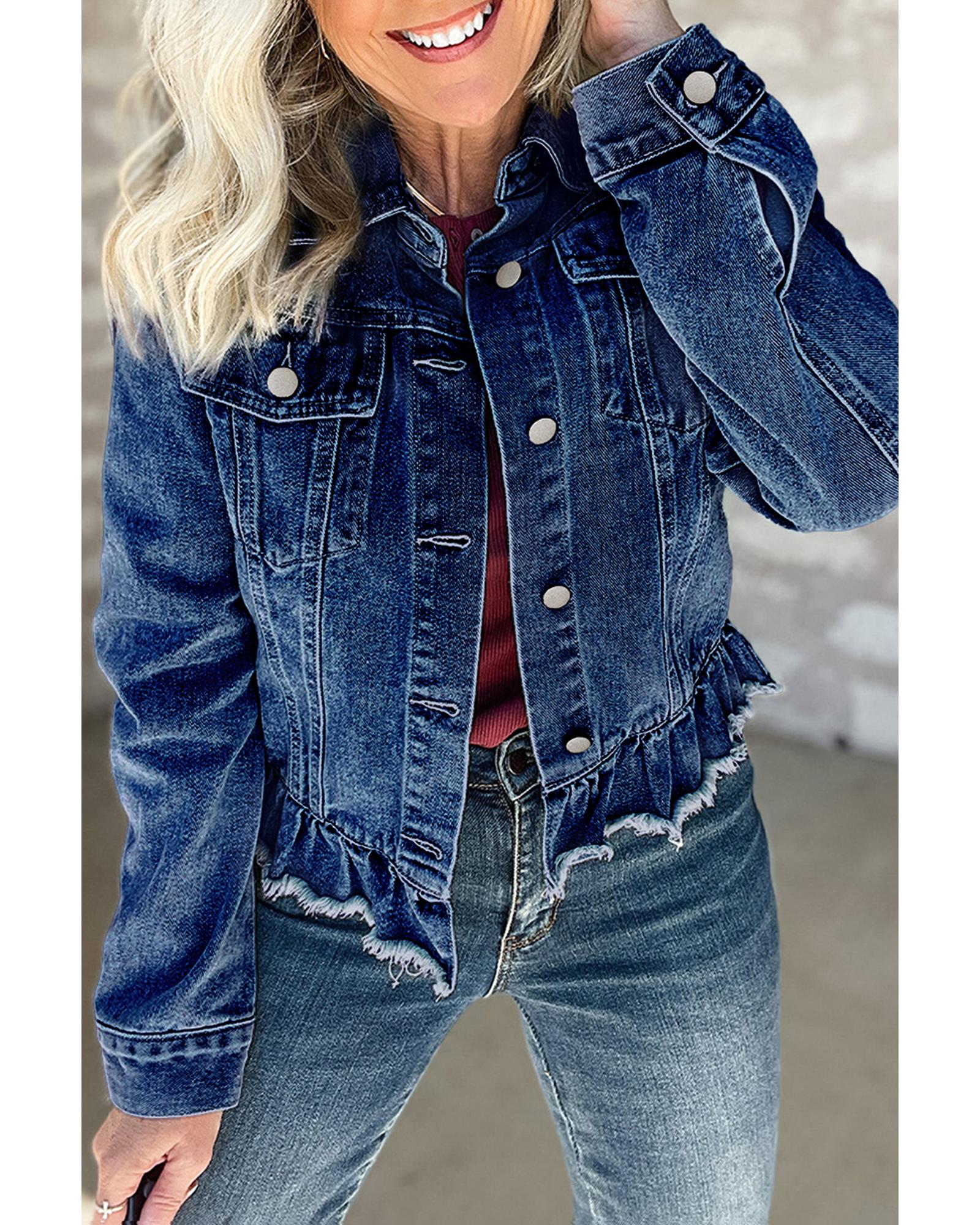 Navy Blue Ruffle Raw Hem Flap Pockets Denim Jacket - S 3