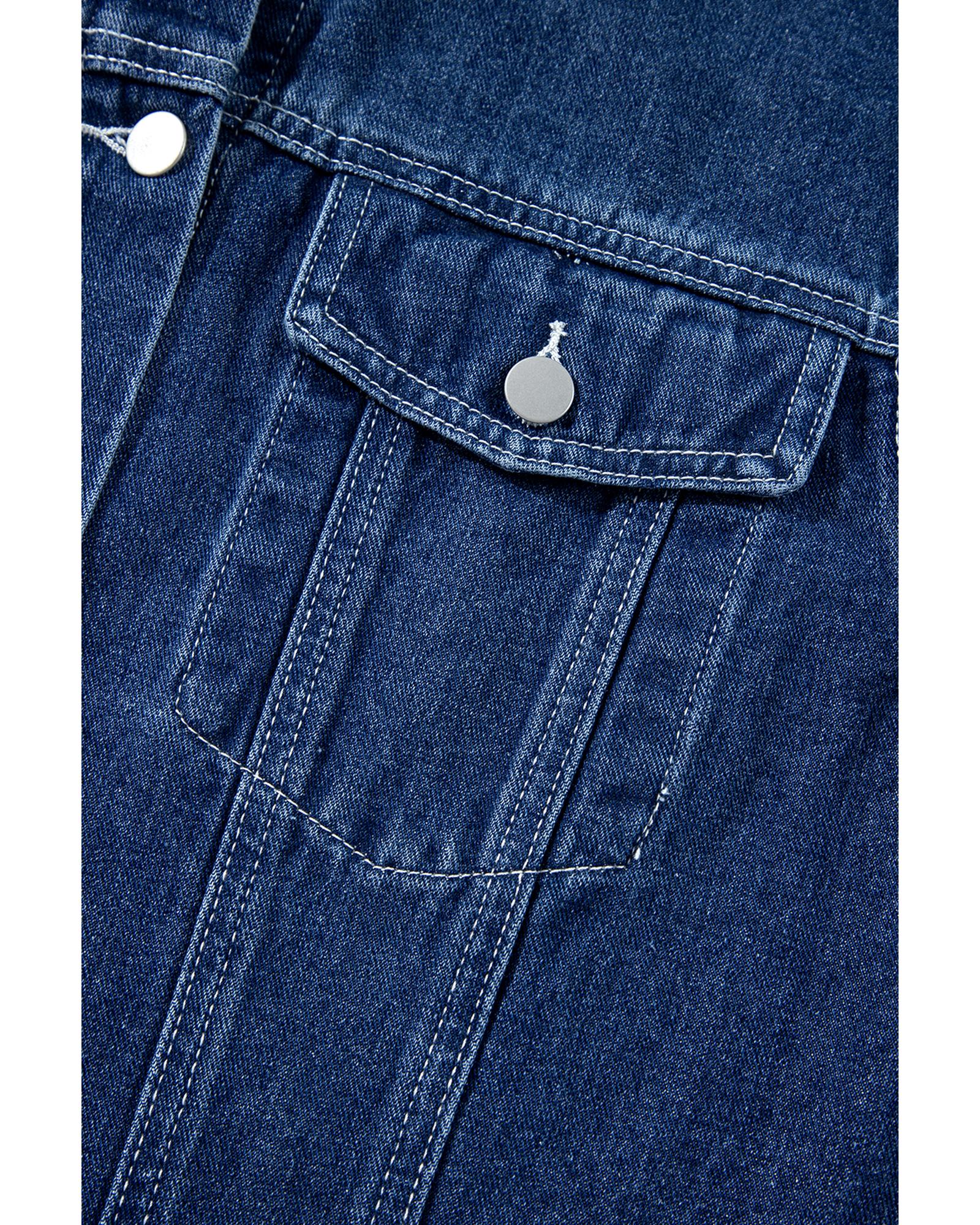 Navy Blue Ruffle Raw Hem Flap Pockets Denim Jacket - S 5