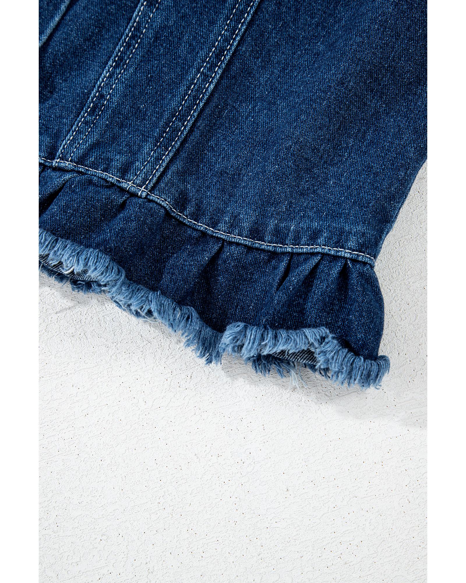 Navy Blue Ruffle Raw Hem Flap Pockets Denim Jacket - S 6