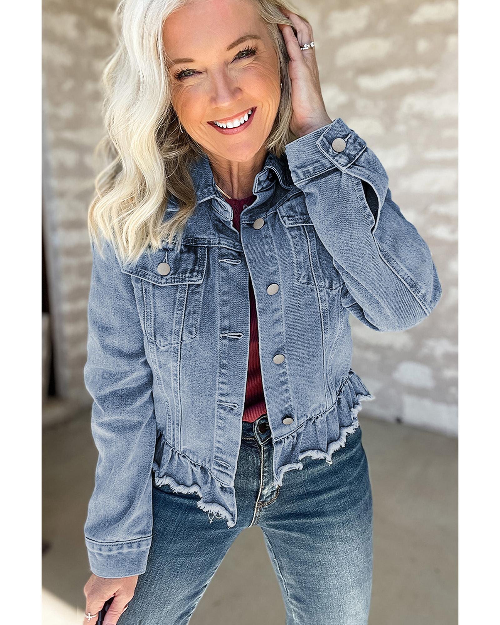 Beau Blue Ruffle Raw Hem Flap Pockets Denim Jacket - L