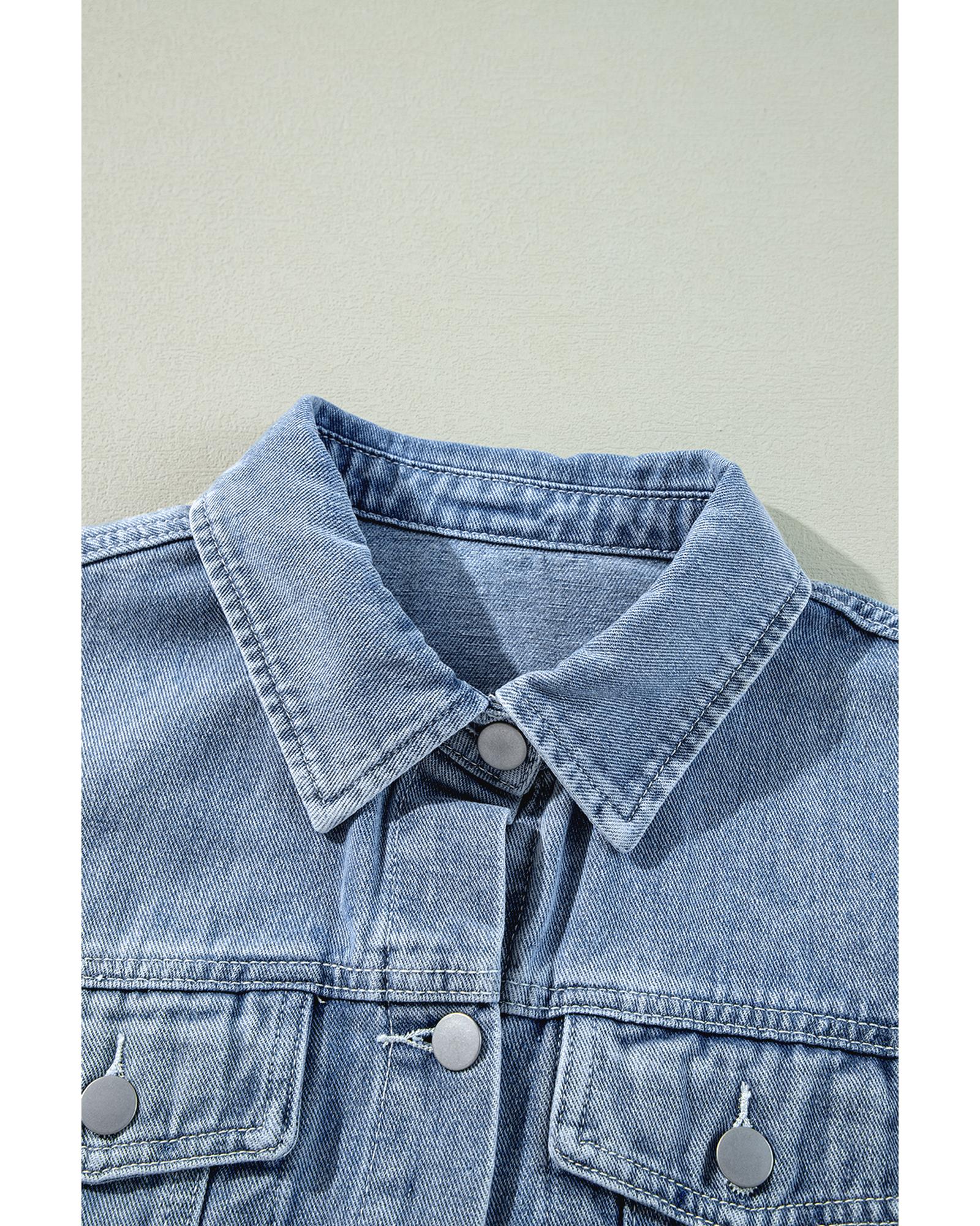 Beau Blue Ruffle Raw Hem Flap Pockets Denim Jacket - S