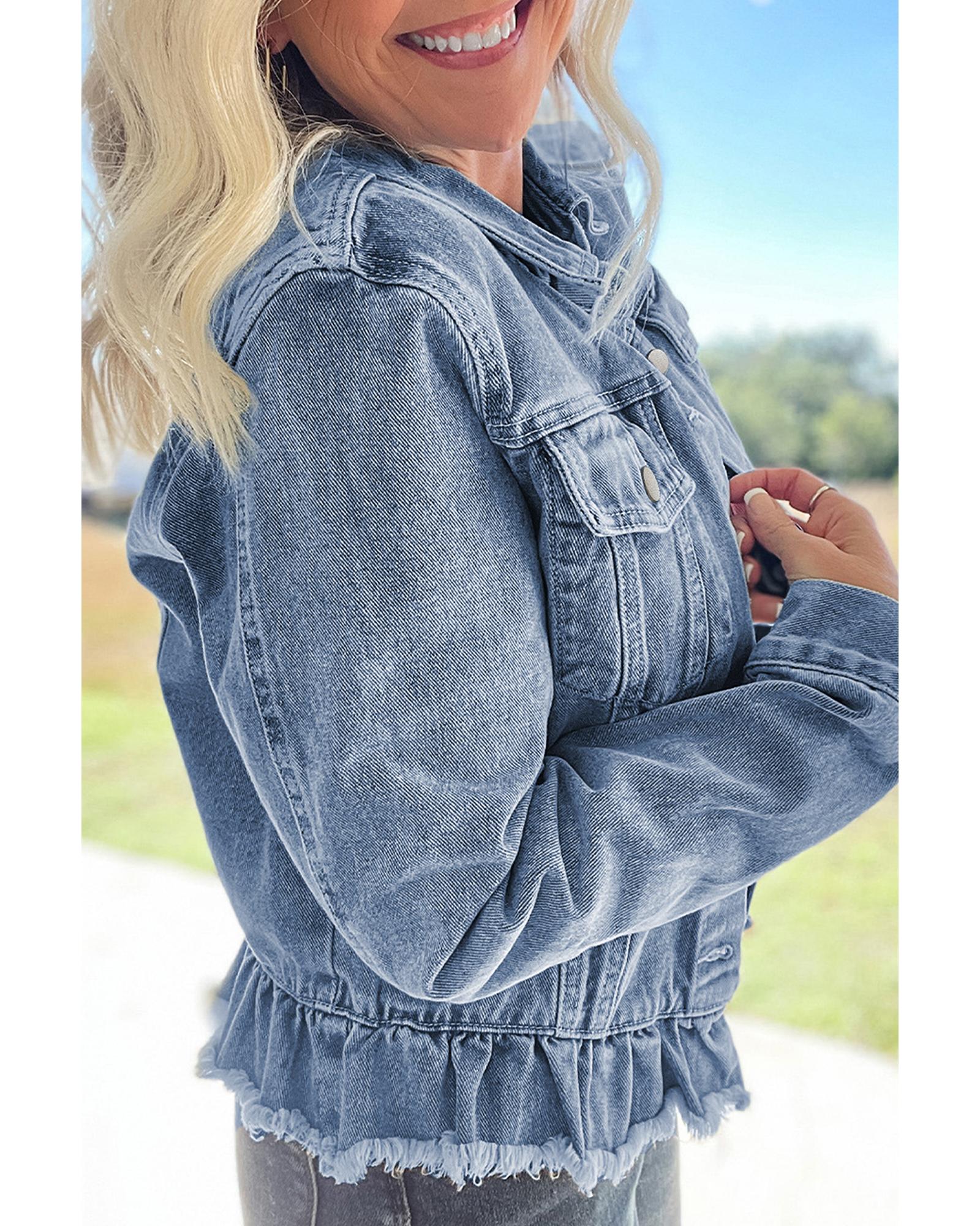 Beau Blue Ruffle Raw Hem Flap Pockets Denim Jacket - S 4