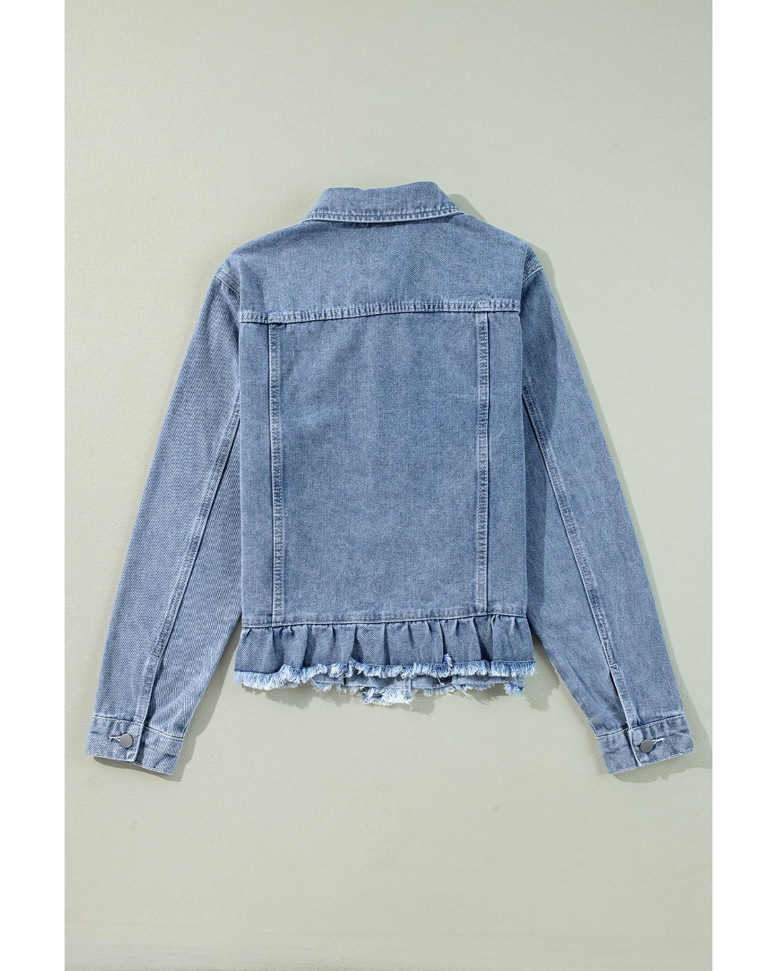 Beau Blue Ruffle Raw Hem Flap Pockets Denim Jacket - S 8