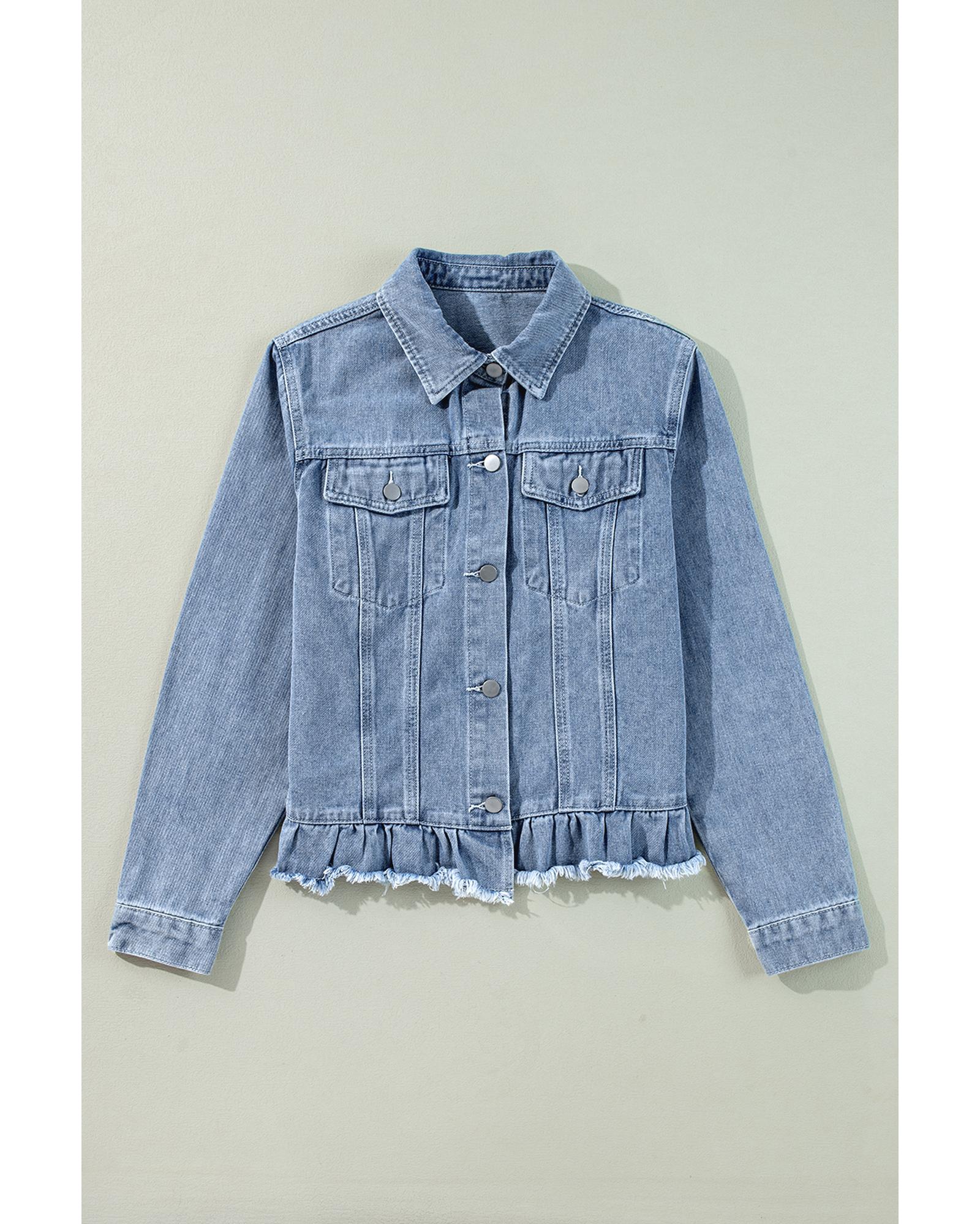Beau Blue Ruffle Raw Hem Flap Pockets Denim Jacket - XL 4