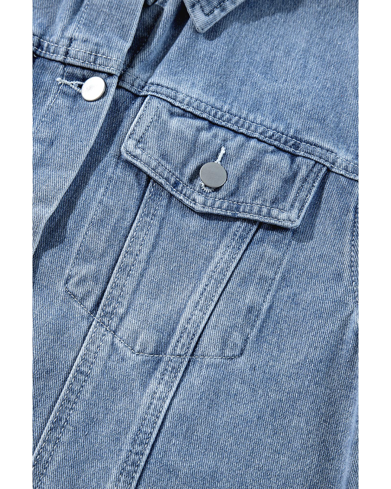 Beau Blue Ruffle Raw Hem Flap Pockets Denim Jacket - XL 5