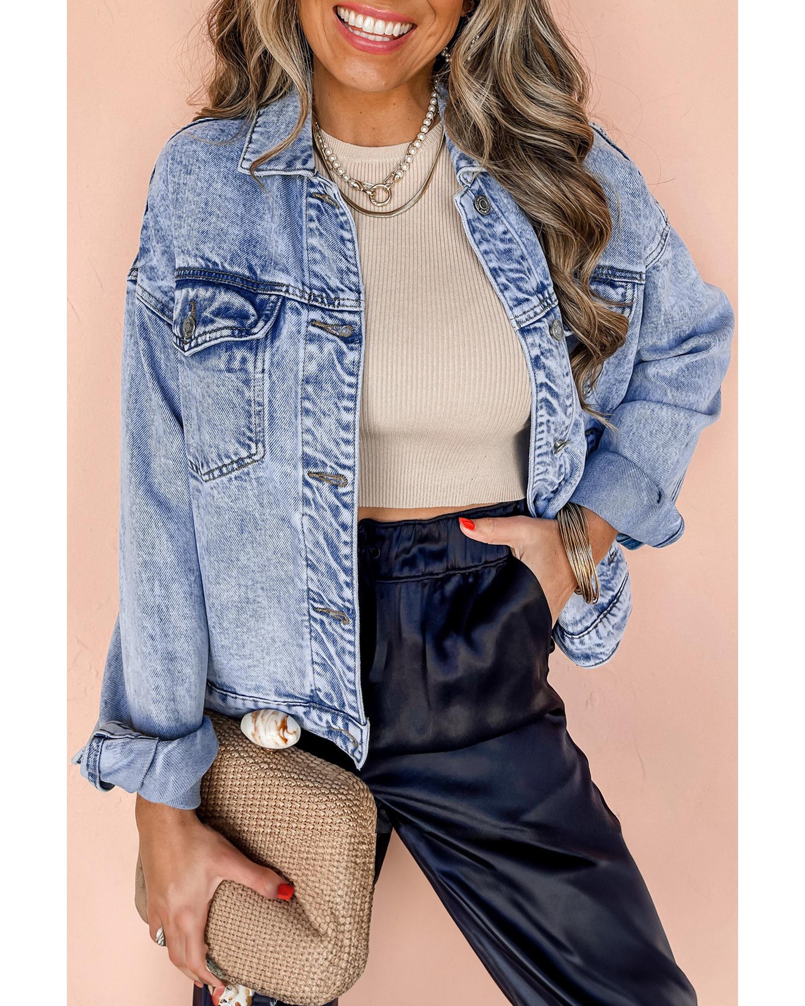 Beau Blue Vintage Washed Flap Pockets Denim Jacket - 2XL