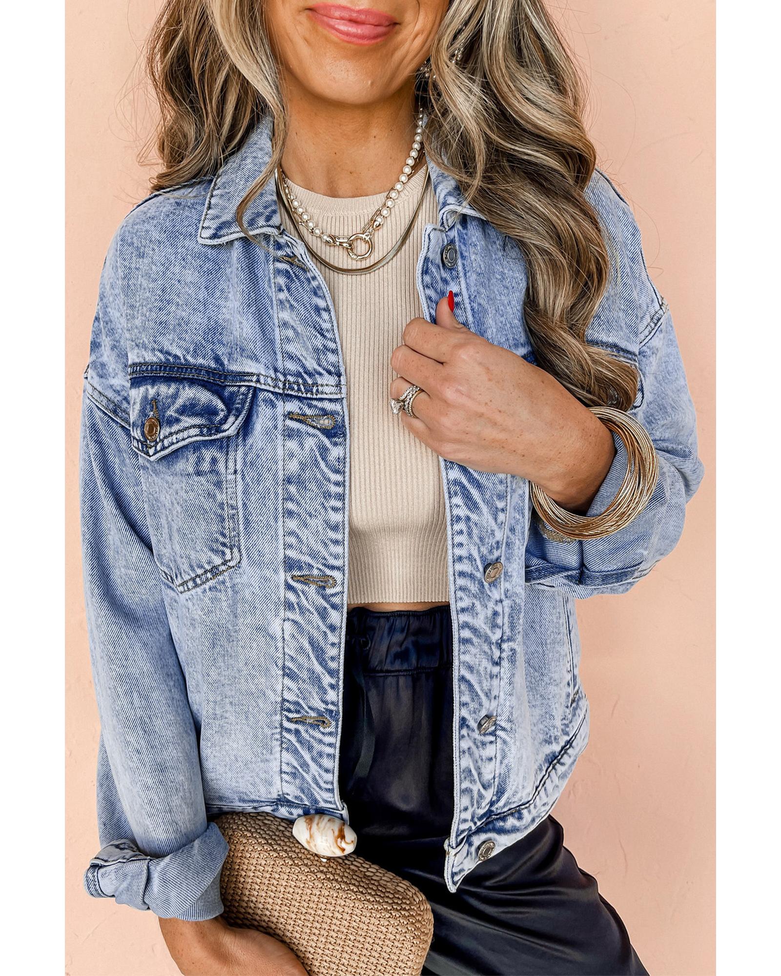 Beau Blue Vintage Washed Flap Pockets Denim Jacket - L
