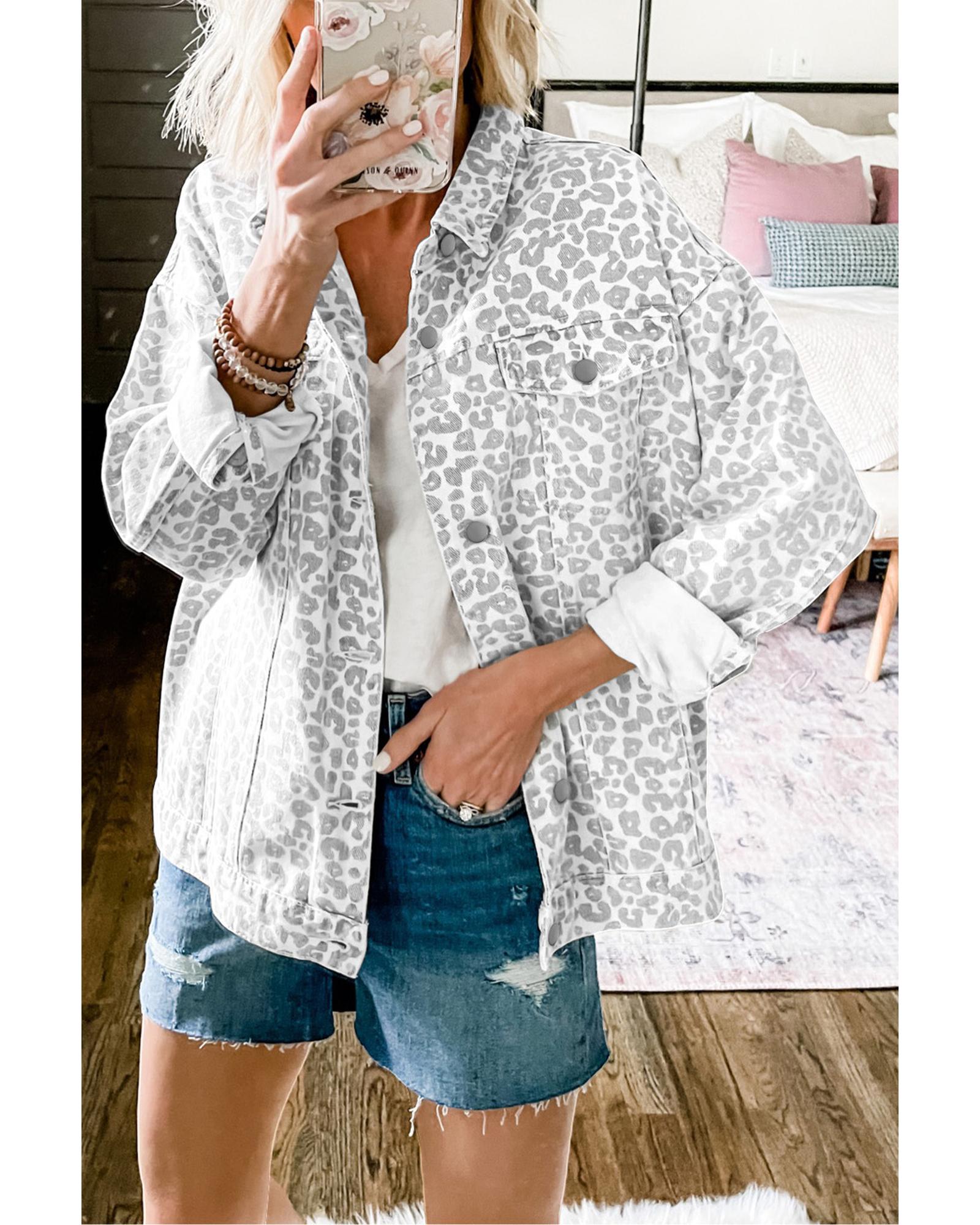 White Leopard Printed Flap Pocket Denim Jacket - S