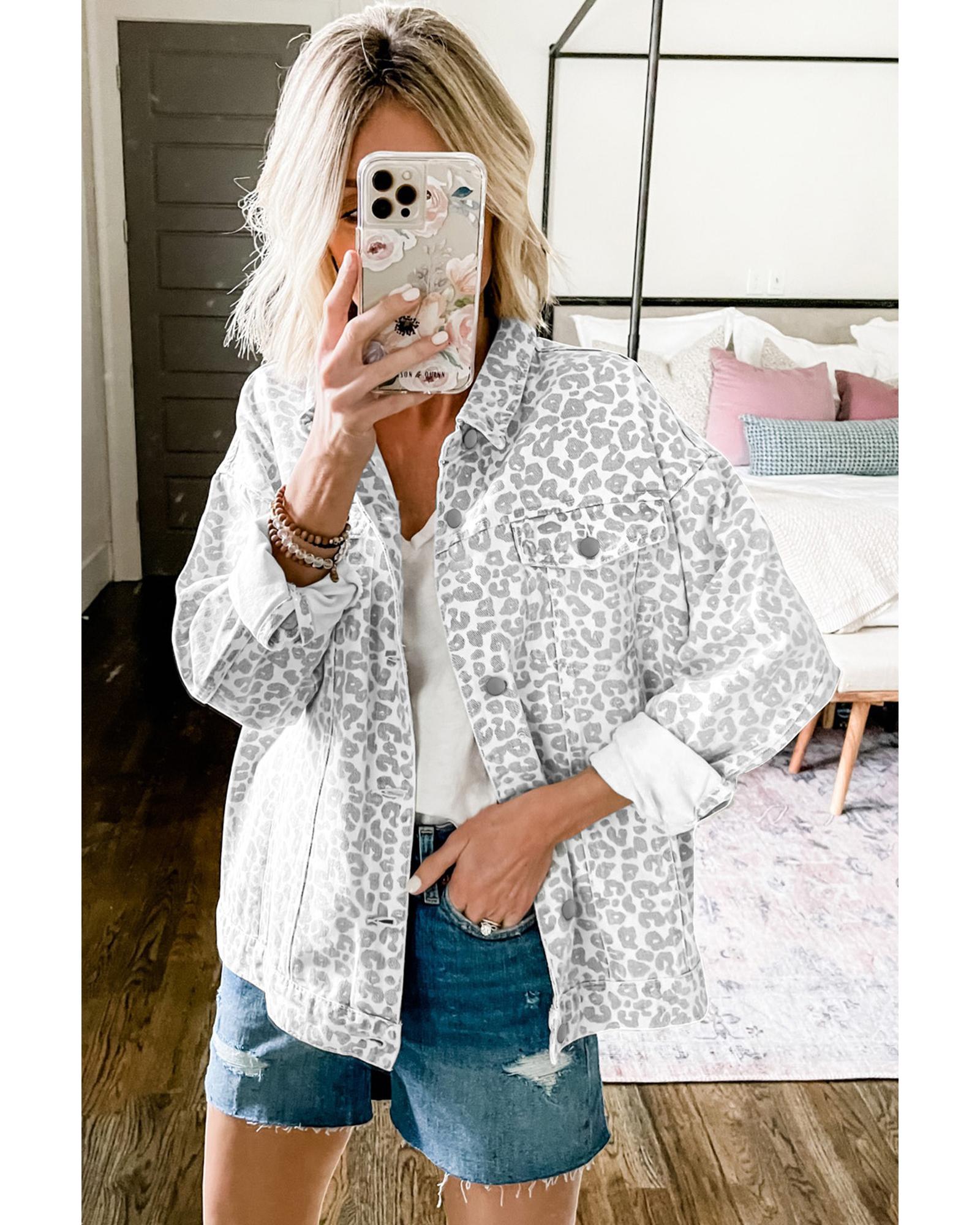 White Leopard Printed Flap Pocket Denim Jacket - S 3