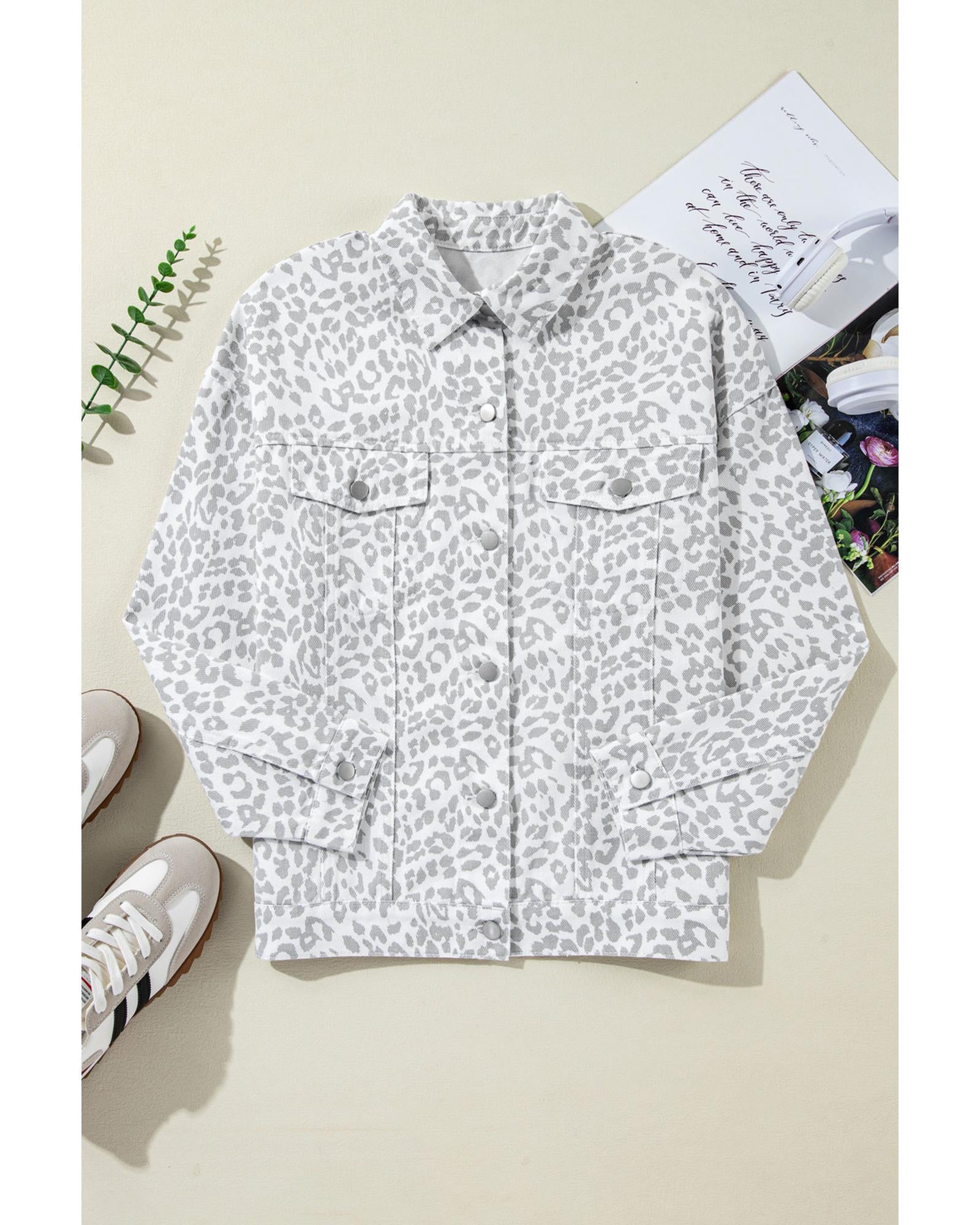 White Leopard Printed Flap Pocket Denim Jacket - S 4