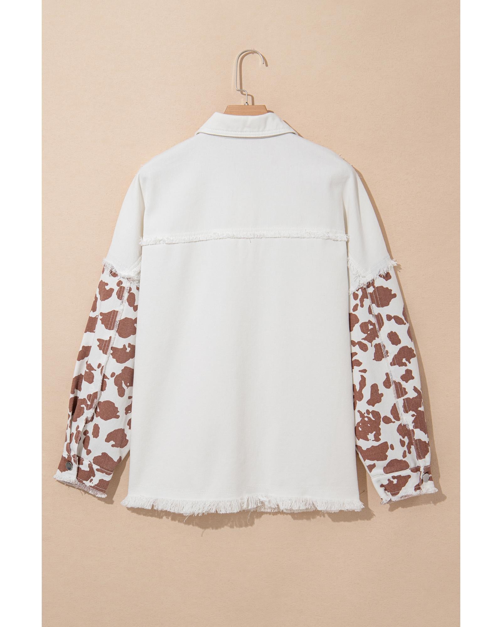 White Cow Spot Patchwork Flap Pocket Distressed Hem Long Denim Jacket - M 3