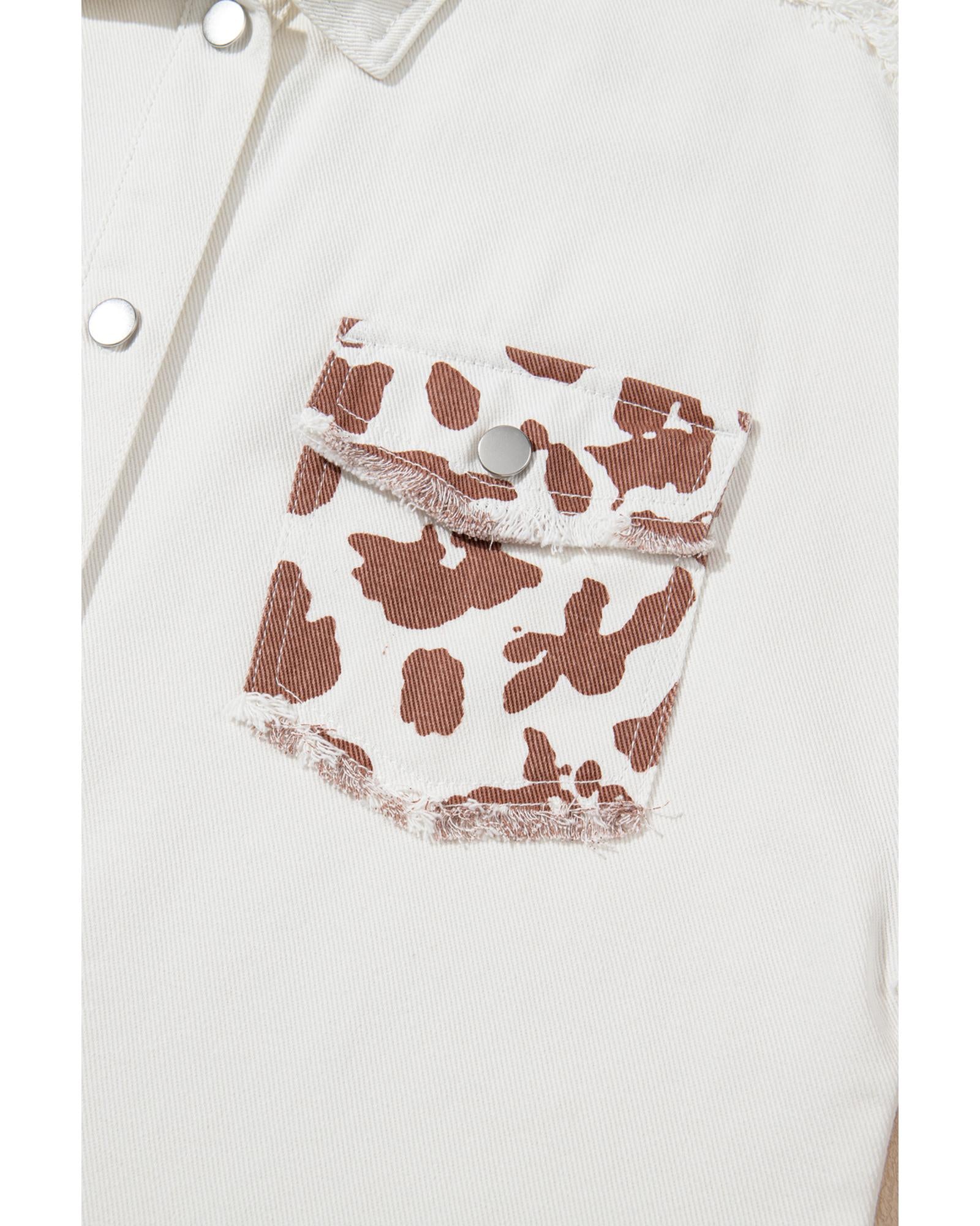 White Cow Spot Patchwork Flap Pocket Distressed Hem Long Denim Jacket - M 5