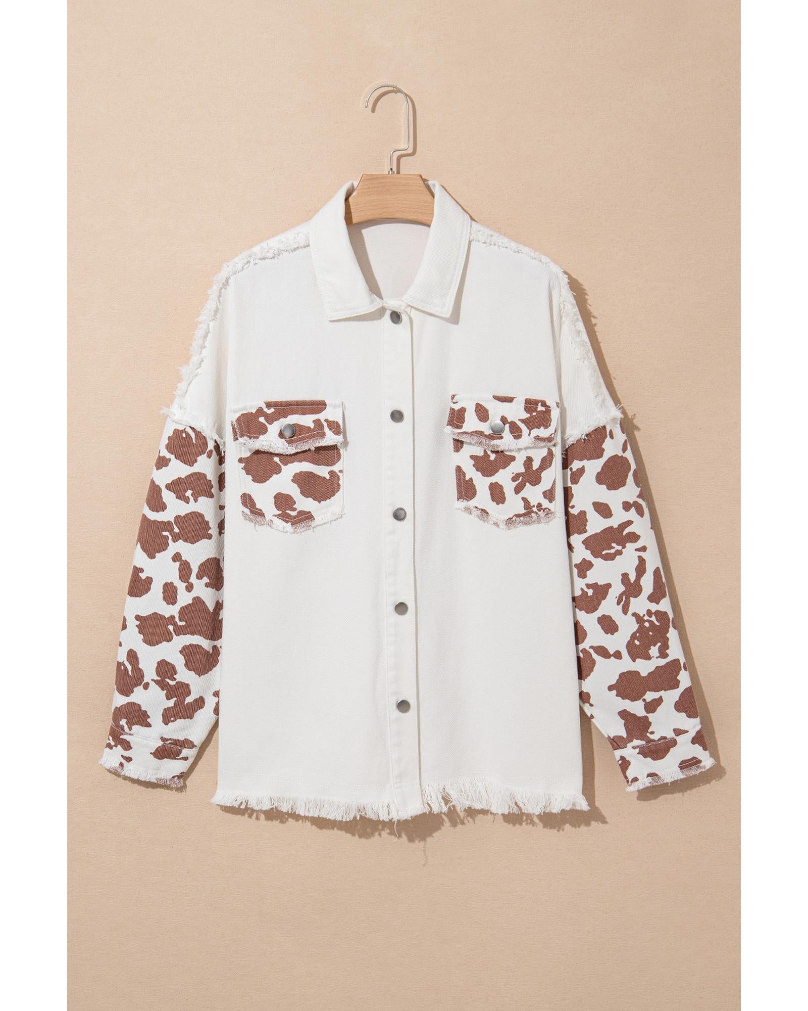 White Cow Spot Patchwork Flap Pocket Distressed Hem Long Denim Jacket - S 6