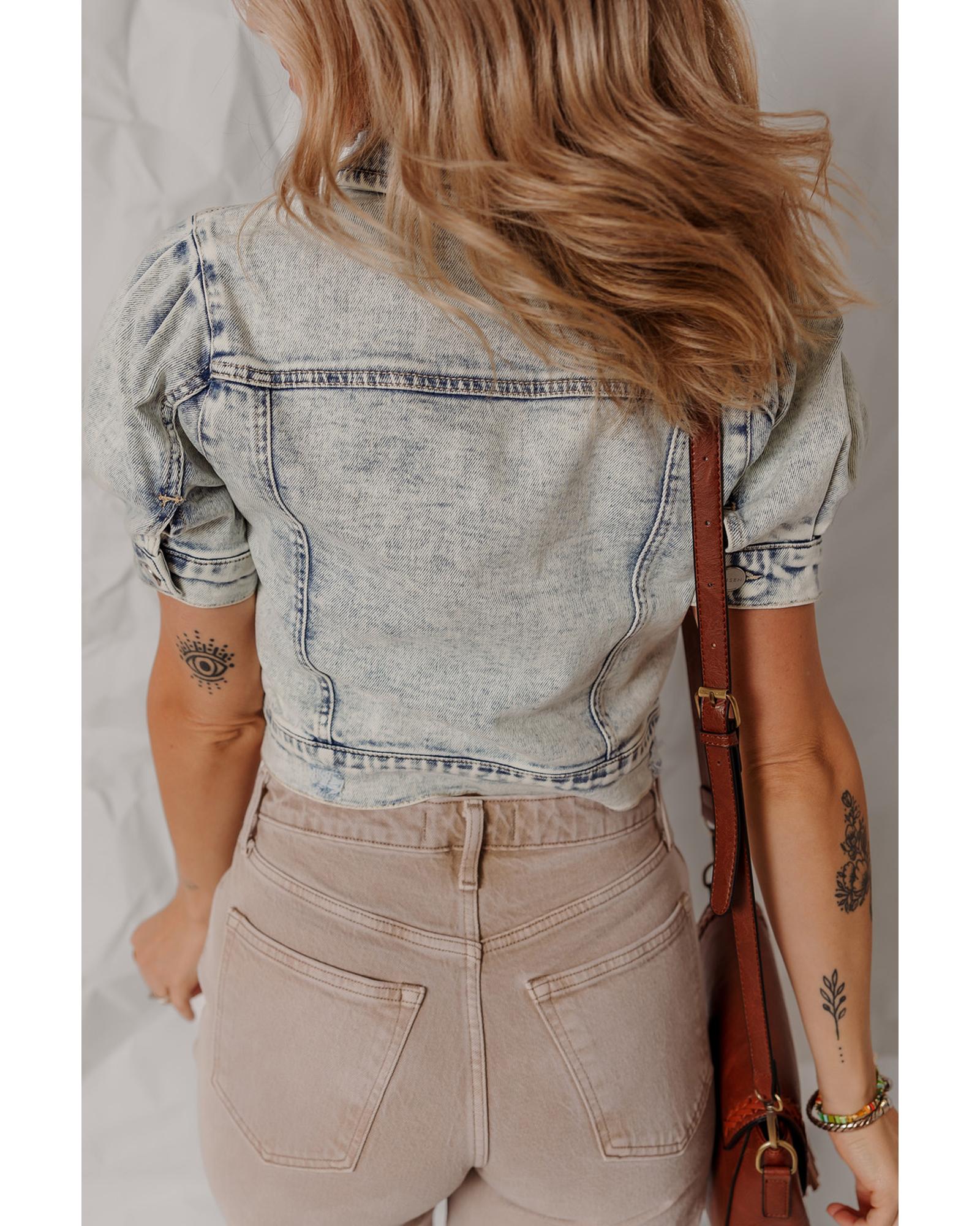 Beau Blue Light Wash Buttoned Chest Pocket Puff Sleeve Denim Jacket - L