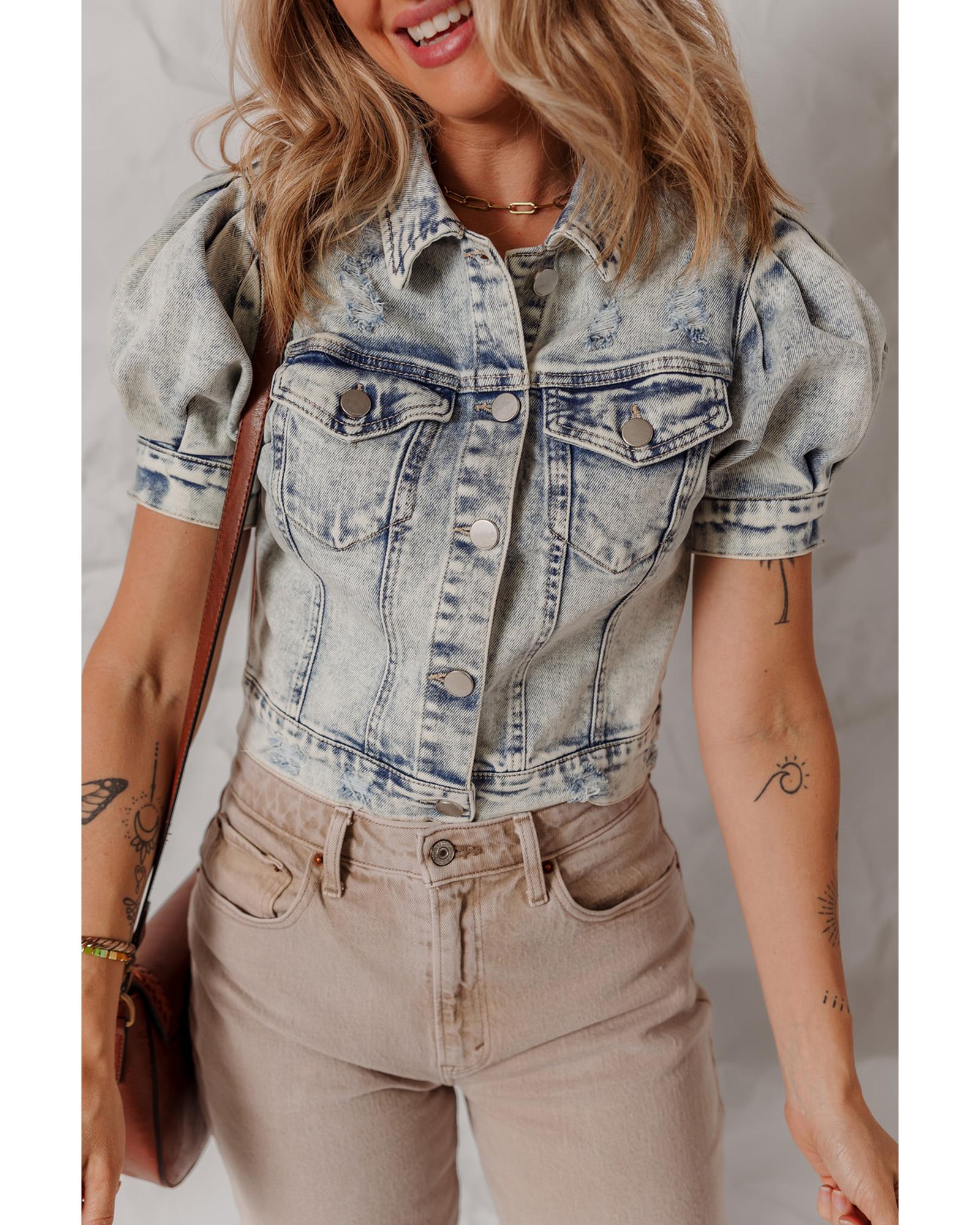Beau Blue Light Wash Buttoned Chest Pocket Puff Sleeve Denim Jacket - XL