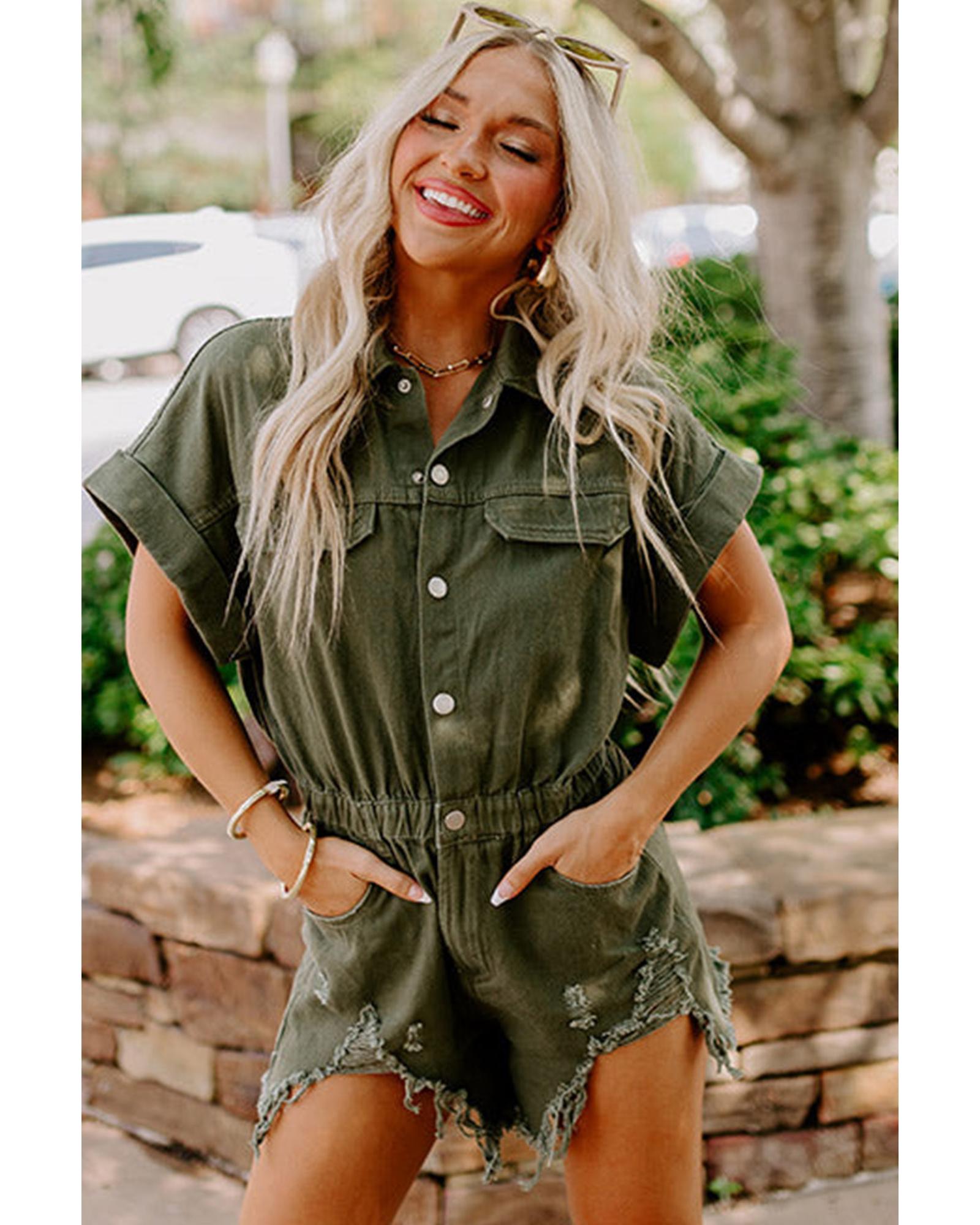 Moss Green Distressed Frayed Denim Romper - XL