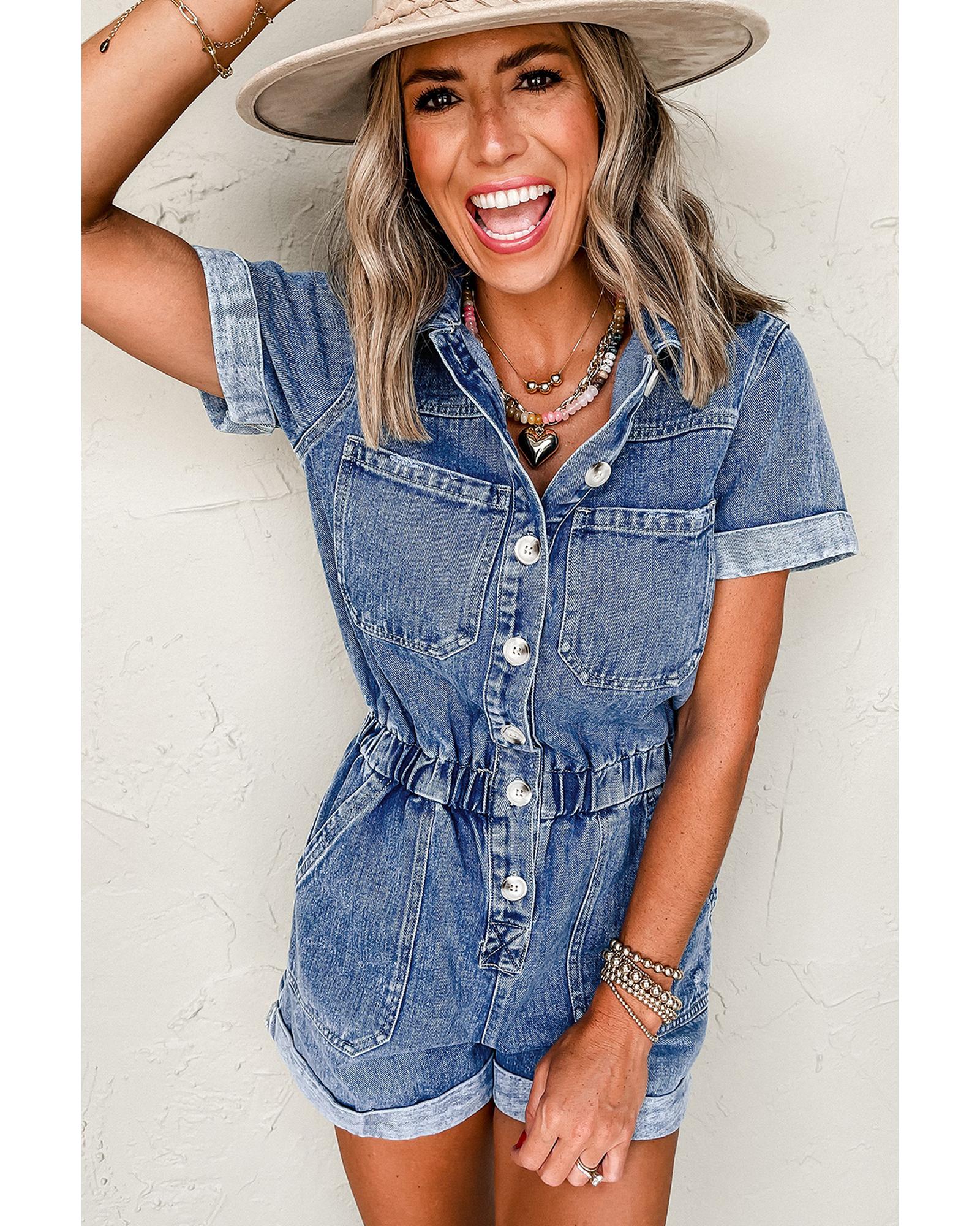 Dusk Blue Chest Pocket Front Buttoned Folded Edge Denim Short Sleeve Romper - L