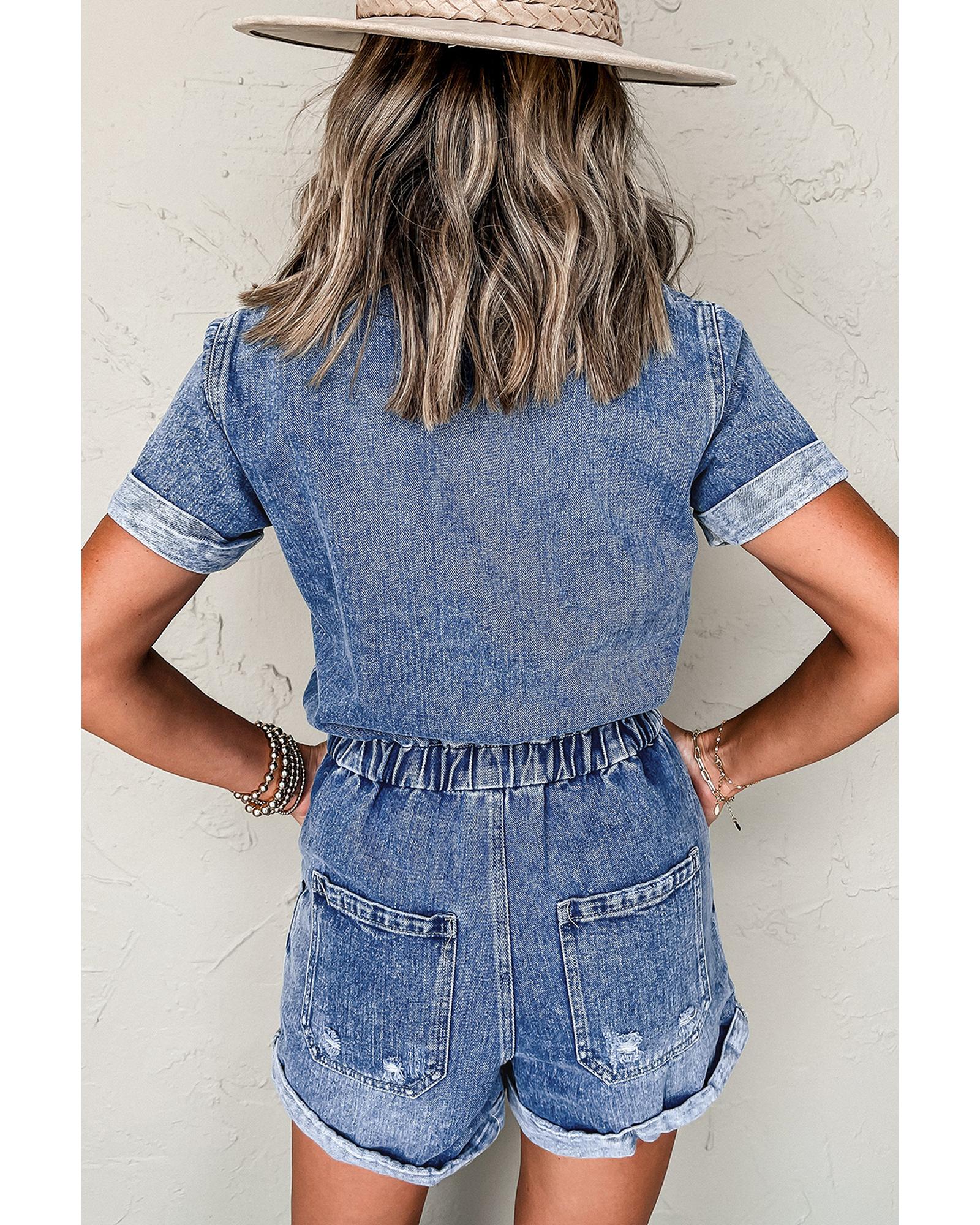 Dusk Blue Chest Pocket Front Buttoned Folded Edge Denim Short Sleeve Romper - L 4