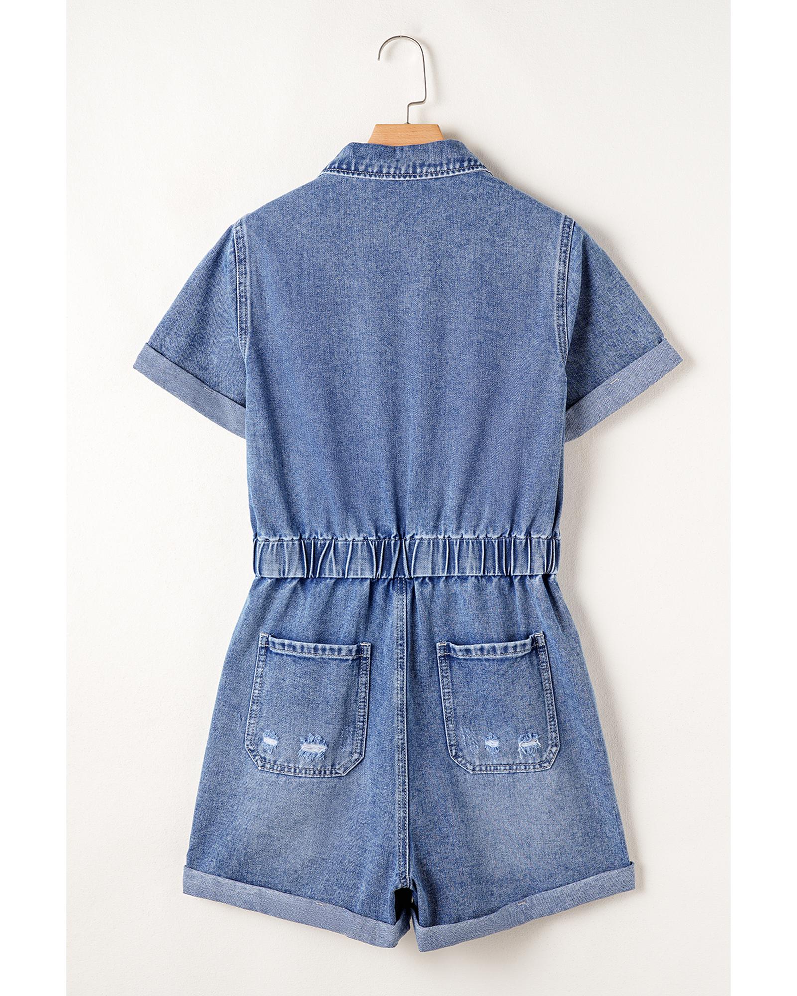 Dusk Blue Chest Pocket Front Buttoned Folded Edge Denim Short Sleeve Romper - L 6