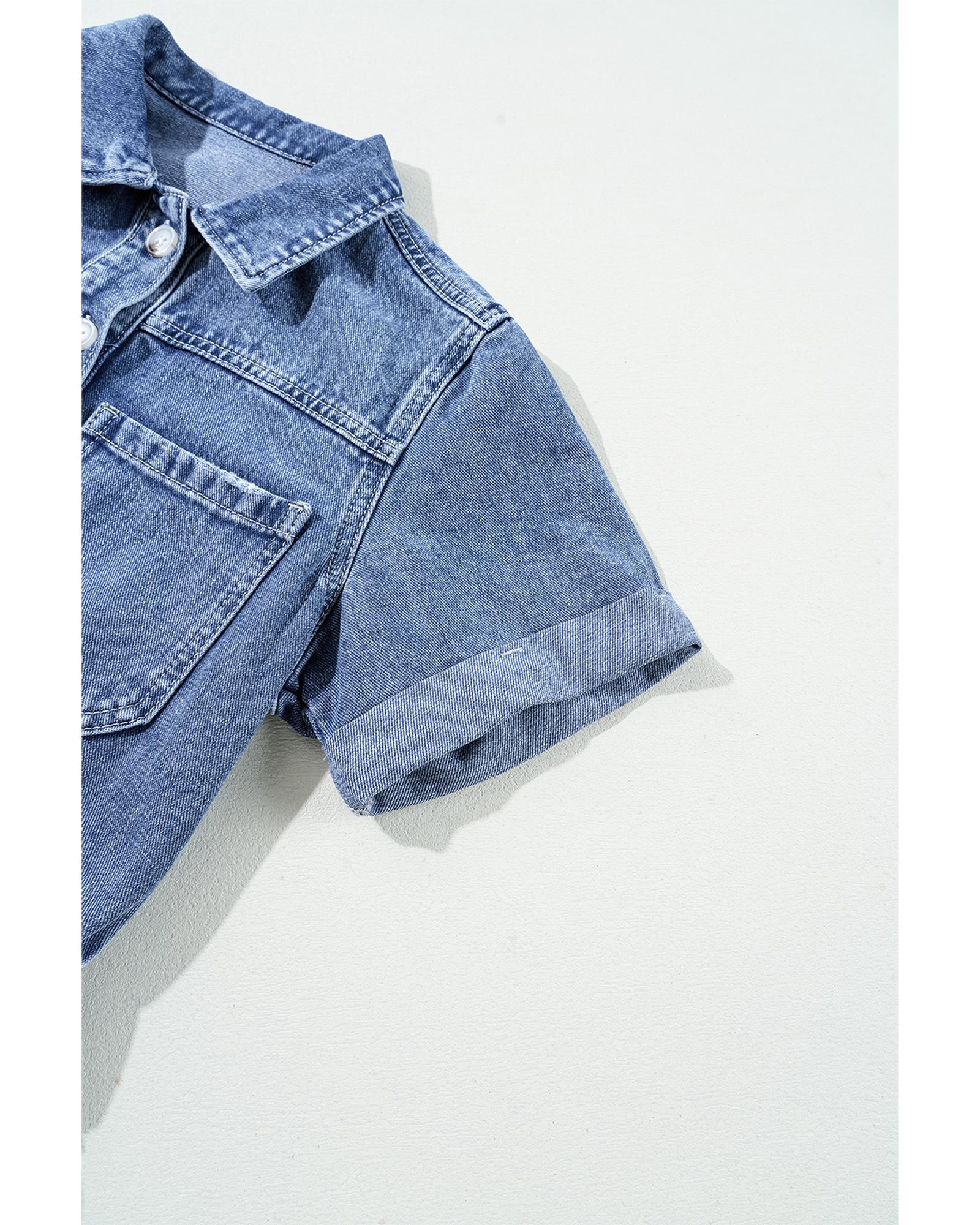 Dusk Blue Chest Pocket Front Buttoned Folded Edge Denim Short Sleeve Romper - XL 5