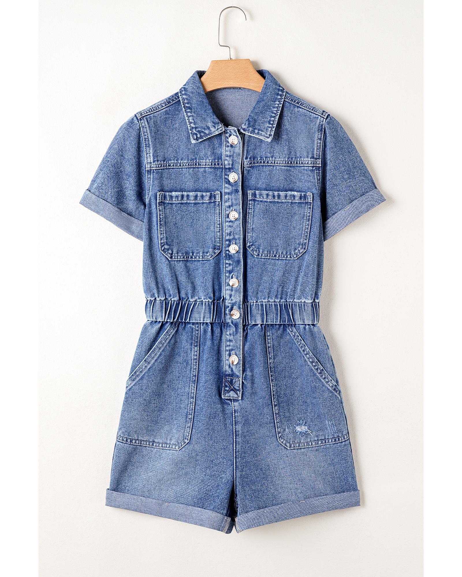 Dusk Blue Chest Pocket Front Buttoned Folded Edge Denim Short Sleeve Romper - XL 7