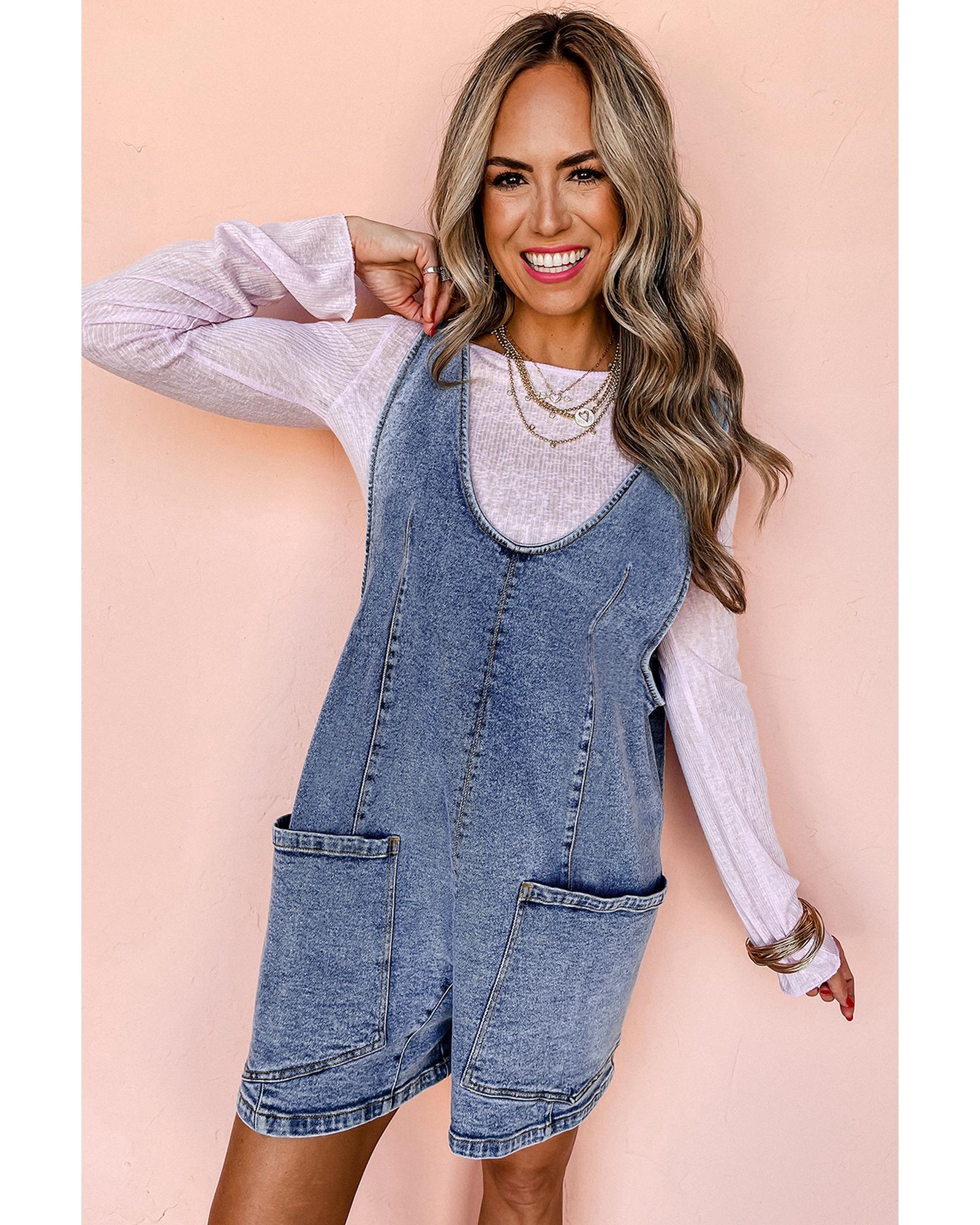 Dusk Blue Sleeveless U Neck Patched Pocket Denim Romper - XL