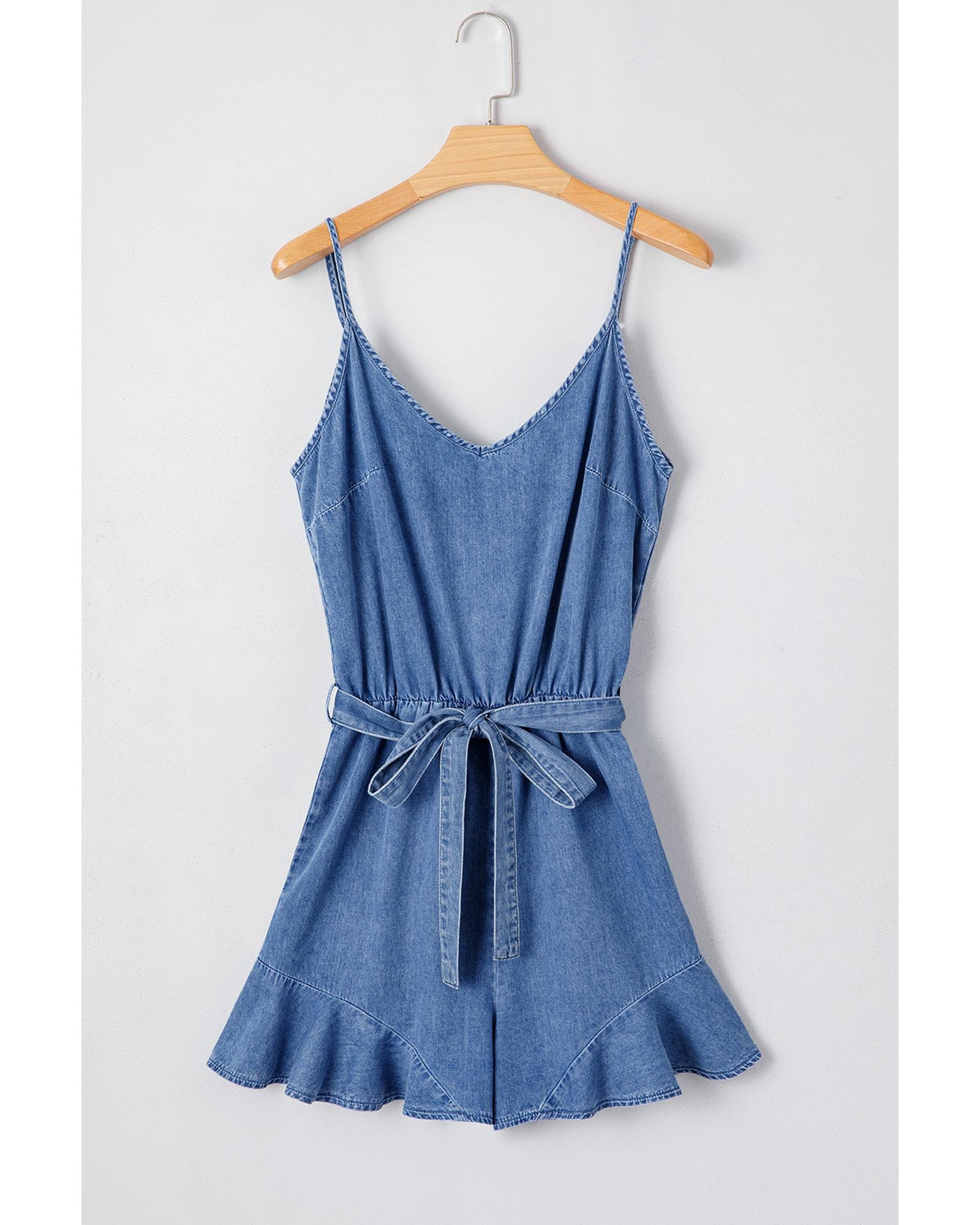 Ashleigh Blue Spaghetti Straps V Neck Belted Ruffled Leg Chambray Romper - S 4