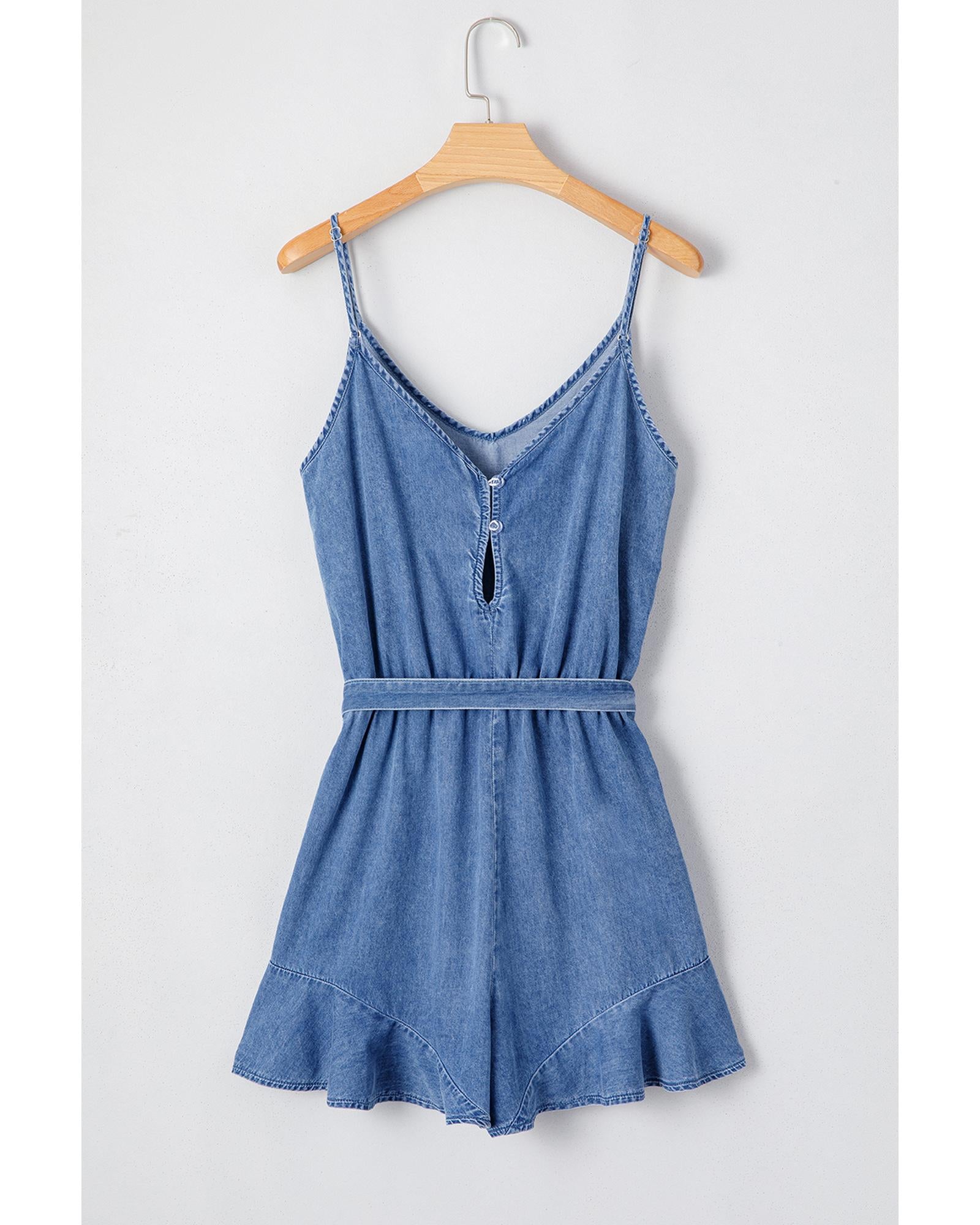 Ashleigh Blue Spaghetti Straps V Neck Belted Ruffled Leg Chambray Romper - S 5