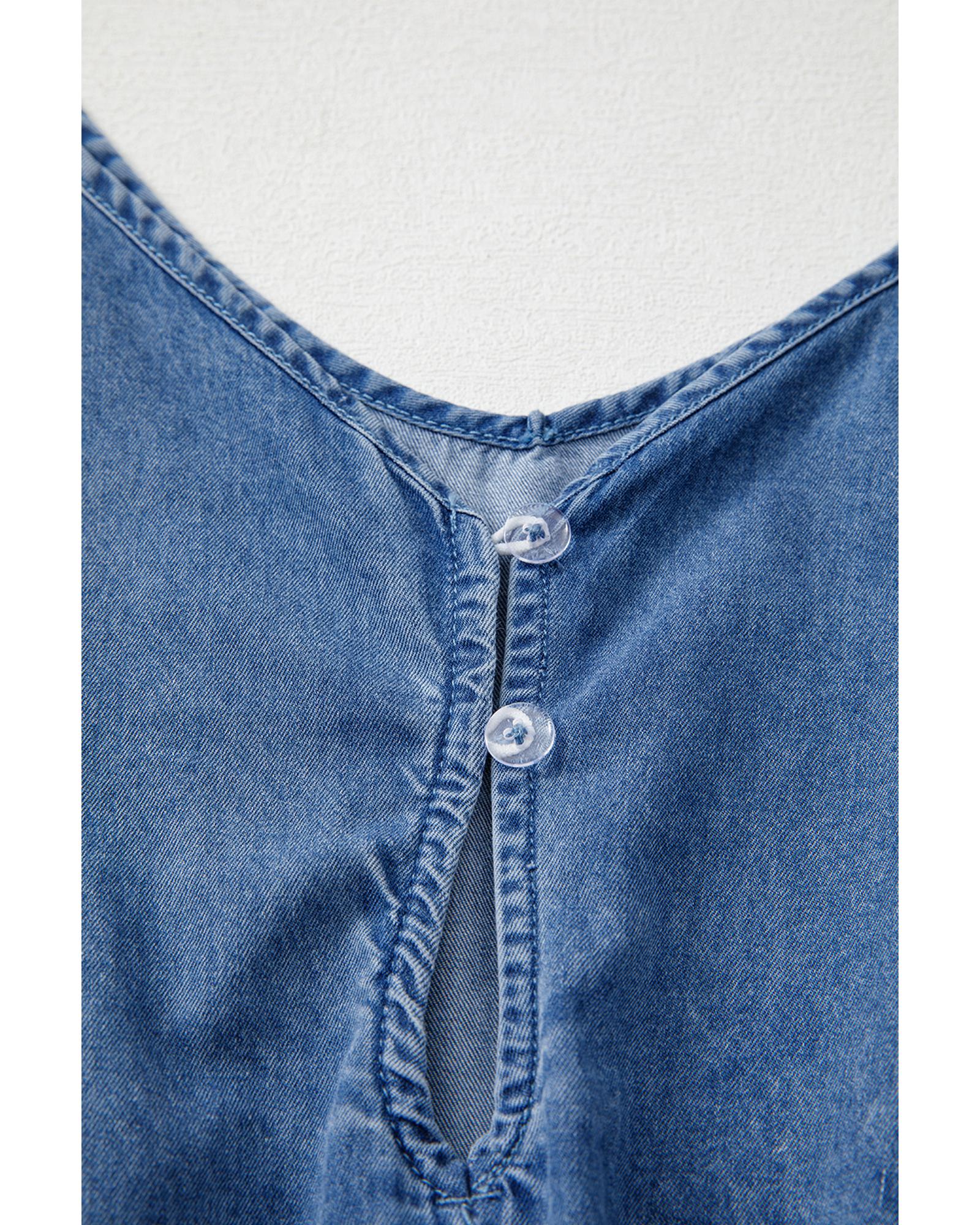 Ashleigh Blue Spaghetti Straps V Neck Belted Ruffled Leg Chambray Romper - S 6