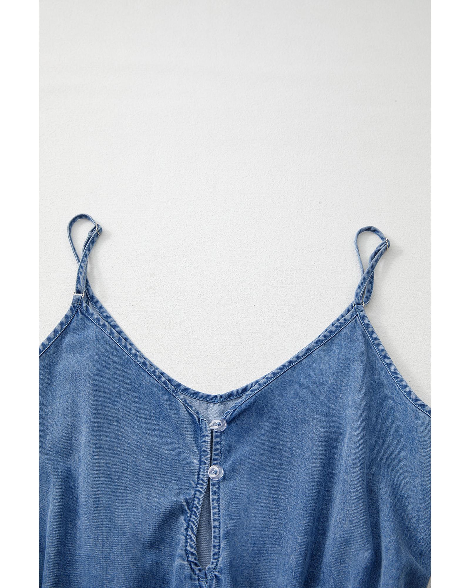 Ashleigh Blue Spaghetti Straps V Neck Belted Ruffled Leg Chambray Romper - S 7