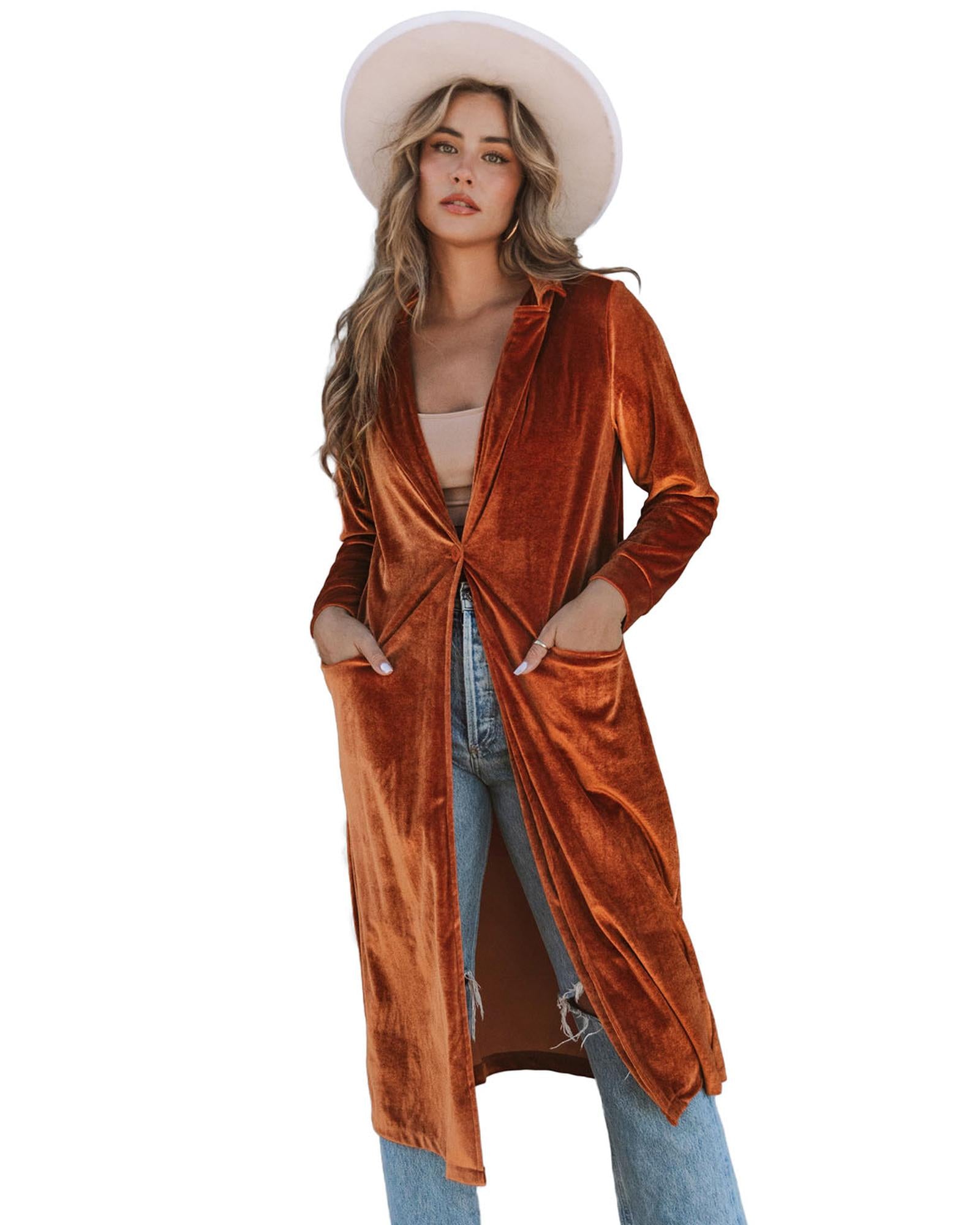 Brown Retro Velvet Long Sleeve Pocket Coat - M