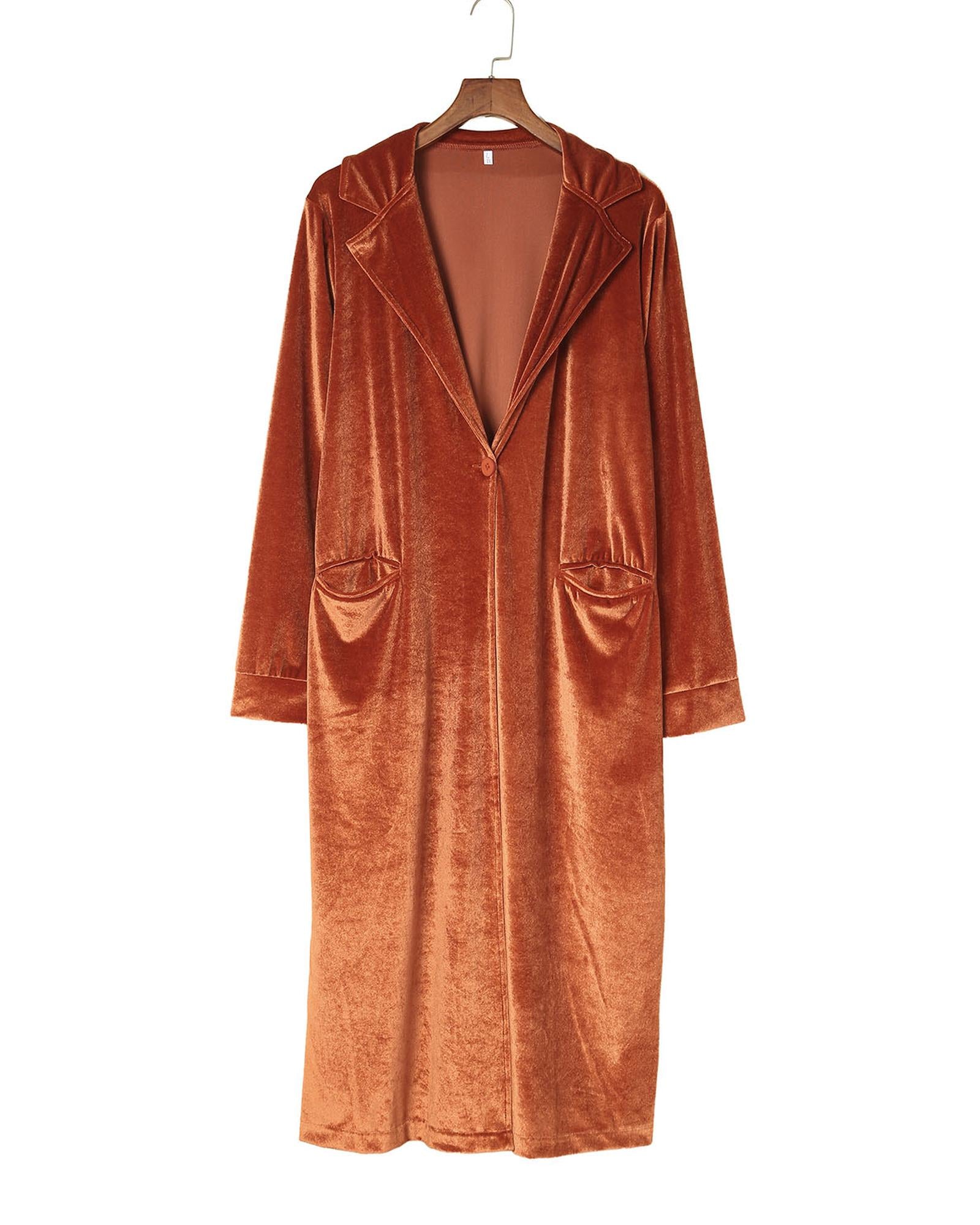 Brown Retro Velvet Long Sleeve Pocket Coat - M