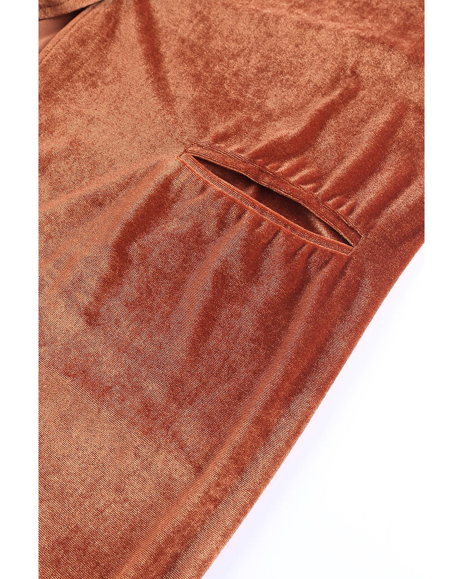 Brown Retro Velvet Long Sleeve Pocket Coat - M 5