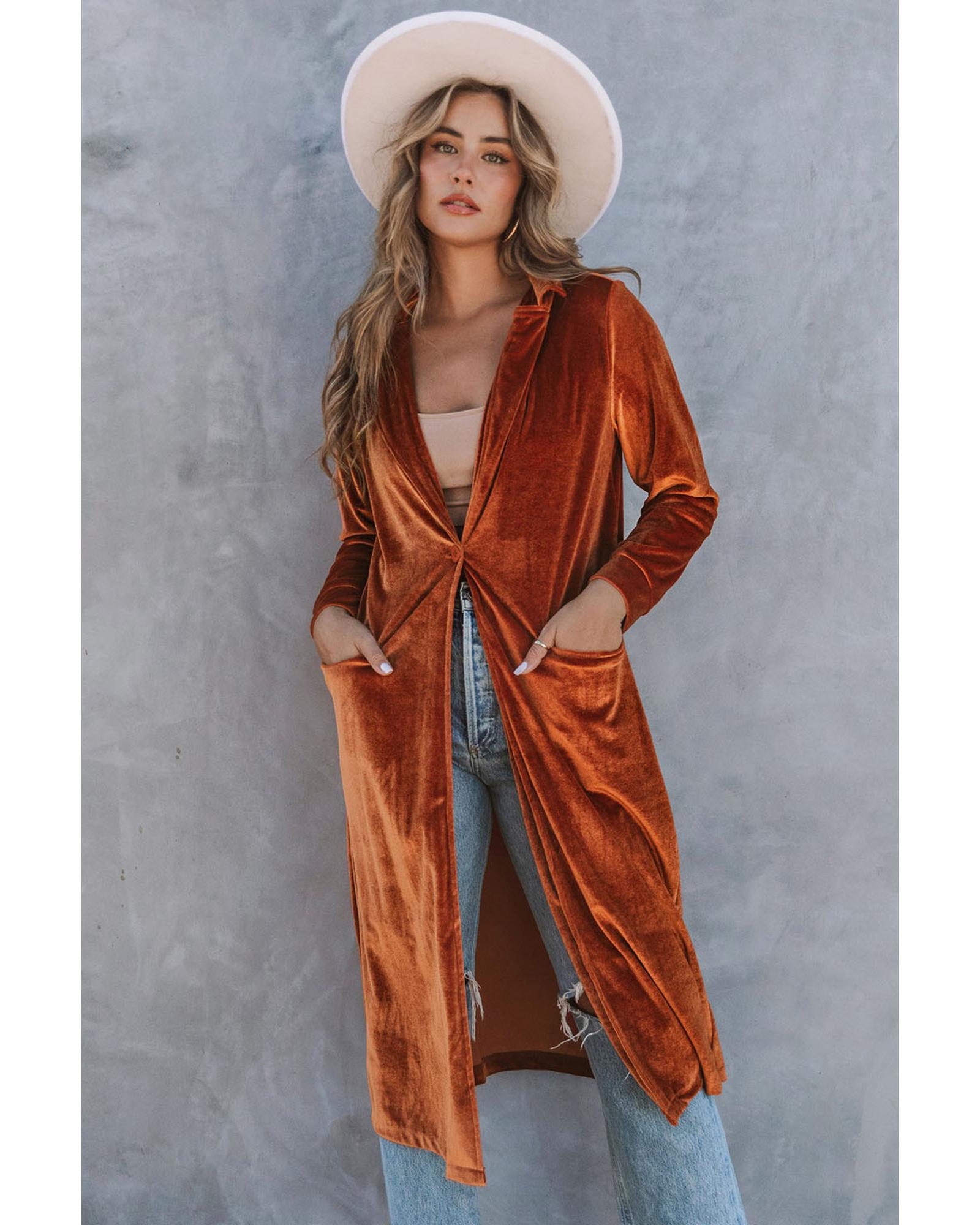 Brown Retro Velvet Long Sleeve Pocket Coat - M 7