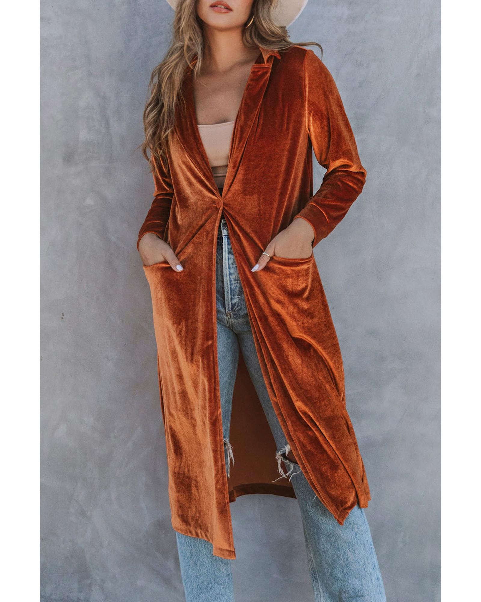 Brown Retro Velvet Long Sleeve Pocket Coat - M 8