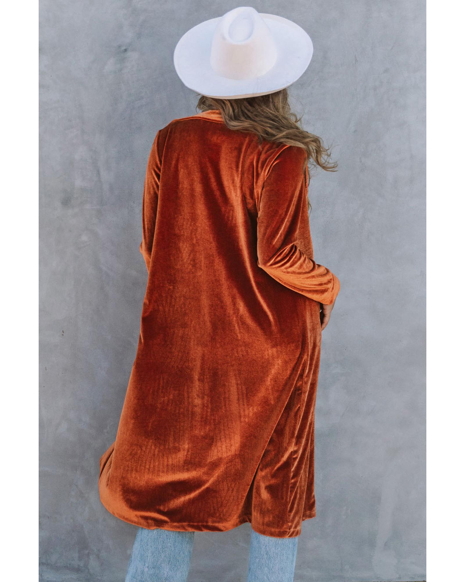 Brown Retro Velvet Long Sleeve Pocket Coat - S 3