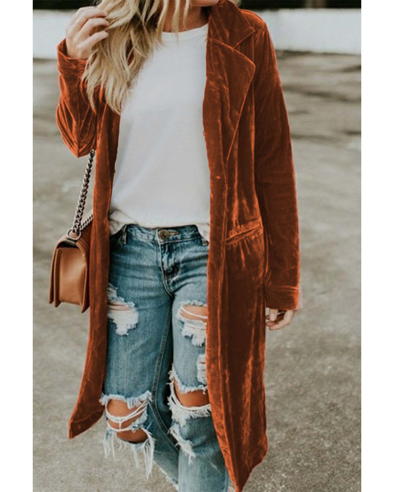 Brown Retro Velvet Long Sleeve Pocket Coat - S 4